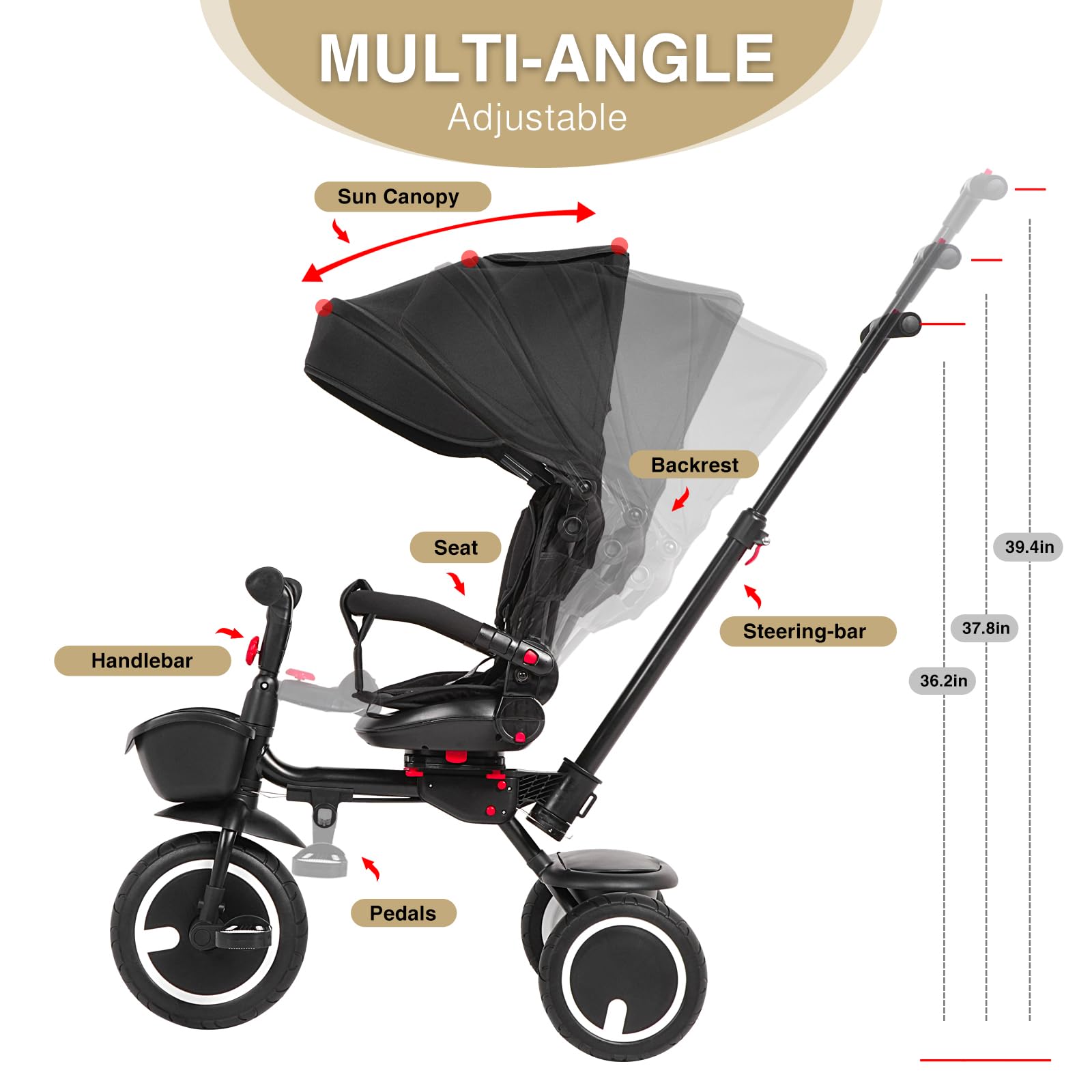 6-in-1 Foldable Baby Tricycle with Adjustable Canopy & Safety Harness - Convertible Toddler Trike for 7 Months to 5 Years Old Boys & Girls - Removable Push Handle, Rotating Seat & Storage Basket - Perfect for Outdoor Play, Park Rides & Learning Balance