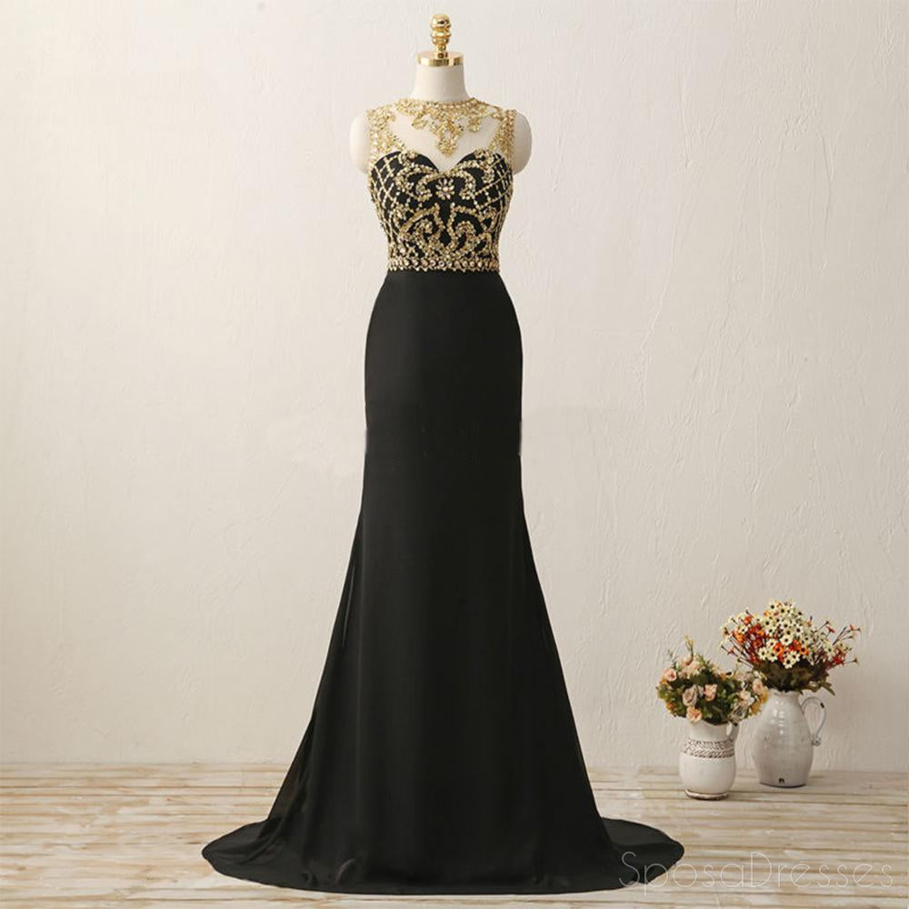 Elegant Black Sheer Mermaid Gold Beaded Evening Prom Dress - Sexy Long Formal Gown for Parties, Dances & Special Occasions | Custom Tailored Prom Dresses for Women | Perfect for Homecoming, Prom Night & Evening Events