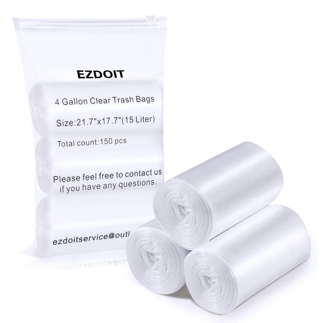 4 Gallon Small Clear Trash Bags - 150 Count Strong Kitchen Garbage Bags & Wastebasket Liners for Bathroom, Office, Bedroom | 15 Liter Trash Can Liners for Daily Use, Cleaning & Organizing