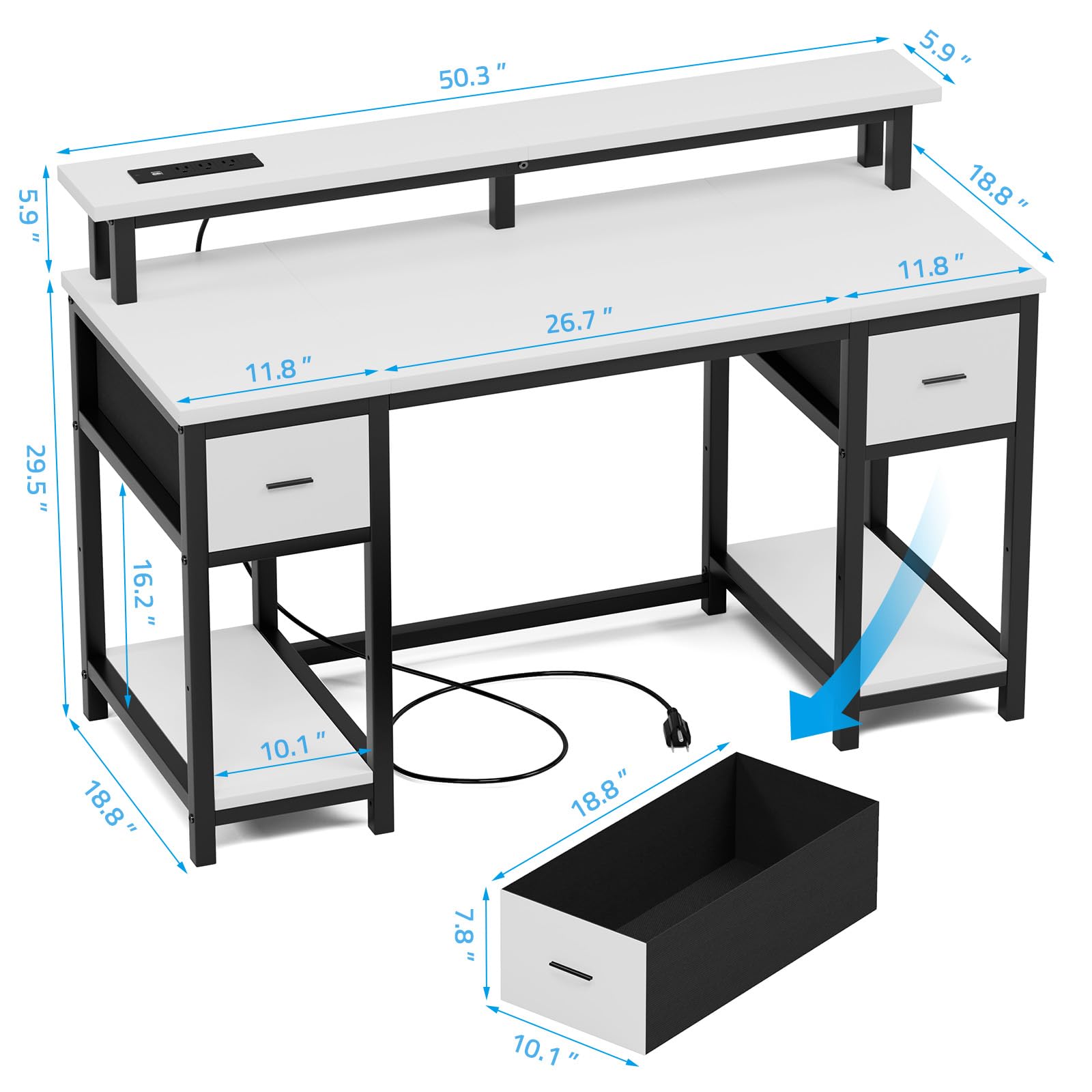 GreenForest 50 Inch Computer Desk with Monitor Stand, LED Lights & Power Outlets - Gaming & Office Desk with 2 Fabric Drawers & Shelves, White - Perfect for Home Office, Gaming Setup & Workspace Organization