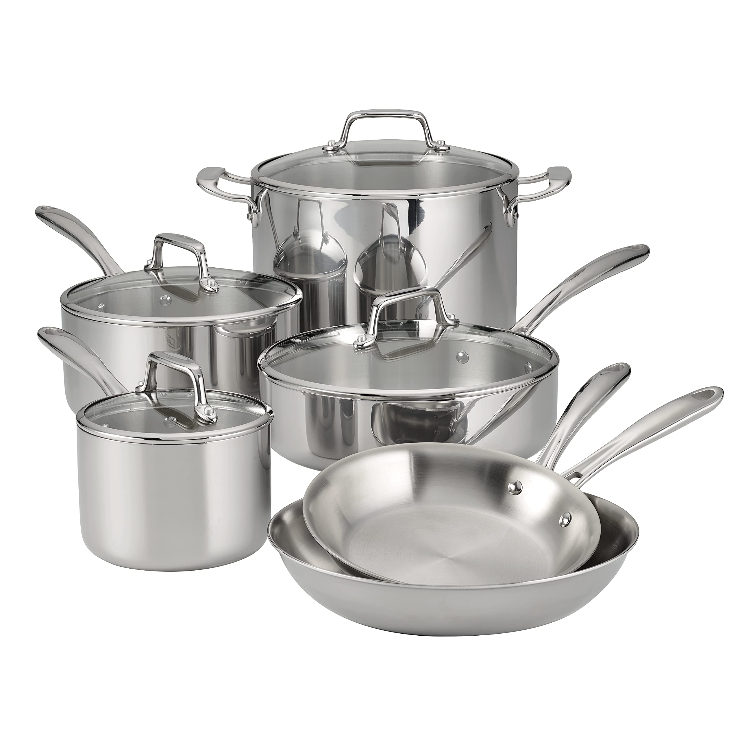 Tramontina 10-Piece Stainless Steel Tri-Ply Clad Cookware Set with Glass Lids - 80116/1011DS | Professional Kitchen Cookware for Sauteing, Boiling & Frying | Perfect for Home Chefs & Restaurants