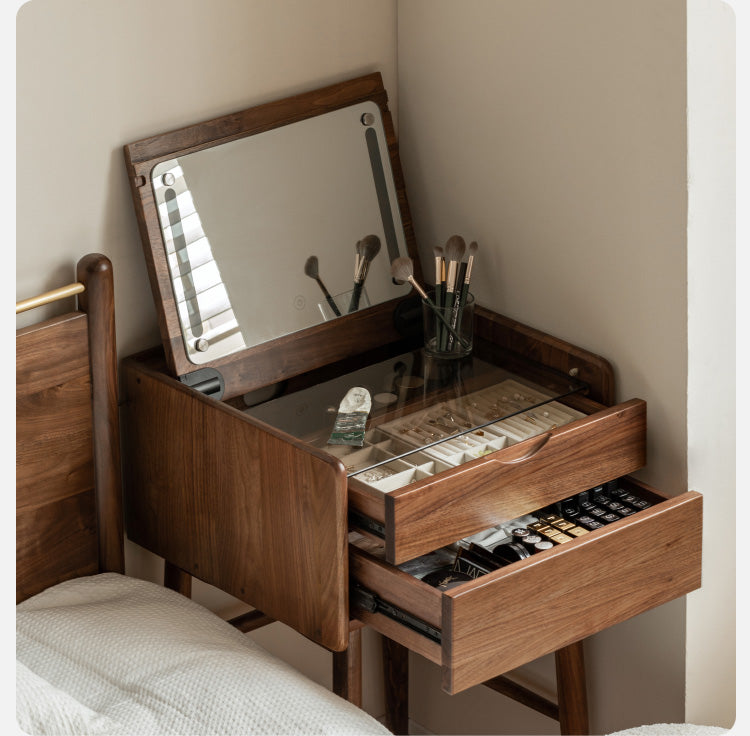 Solid Black Walnut Wood Mirror Dressing Table - Elegant Vanity Desk for Bedroom, Bathroom & Makeup Area
