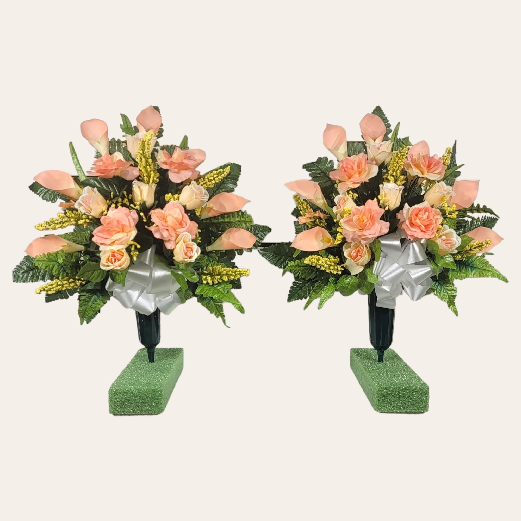 Realistic Artificial Cemetery Flowers - Silk Faux Peach Rose & Calla Lily Bouquet for Graves - 2 Headstone Decorations - Memorial Flowers for Gravesite, Funeral, Sympathy & Remembrance