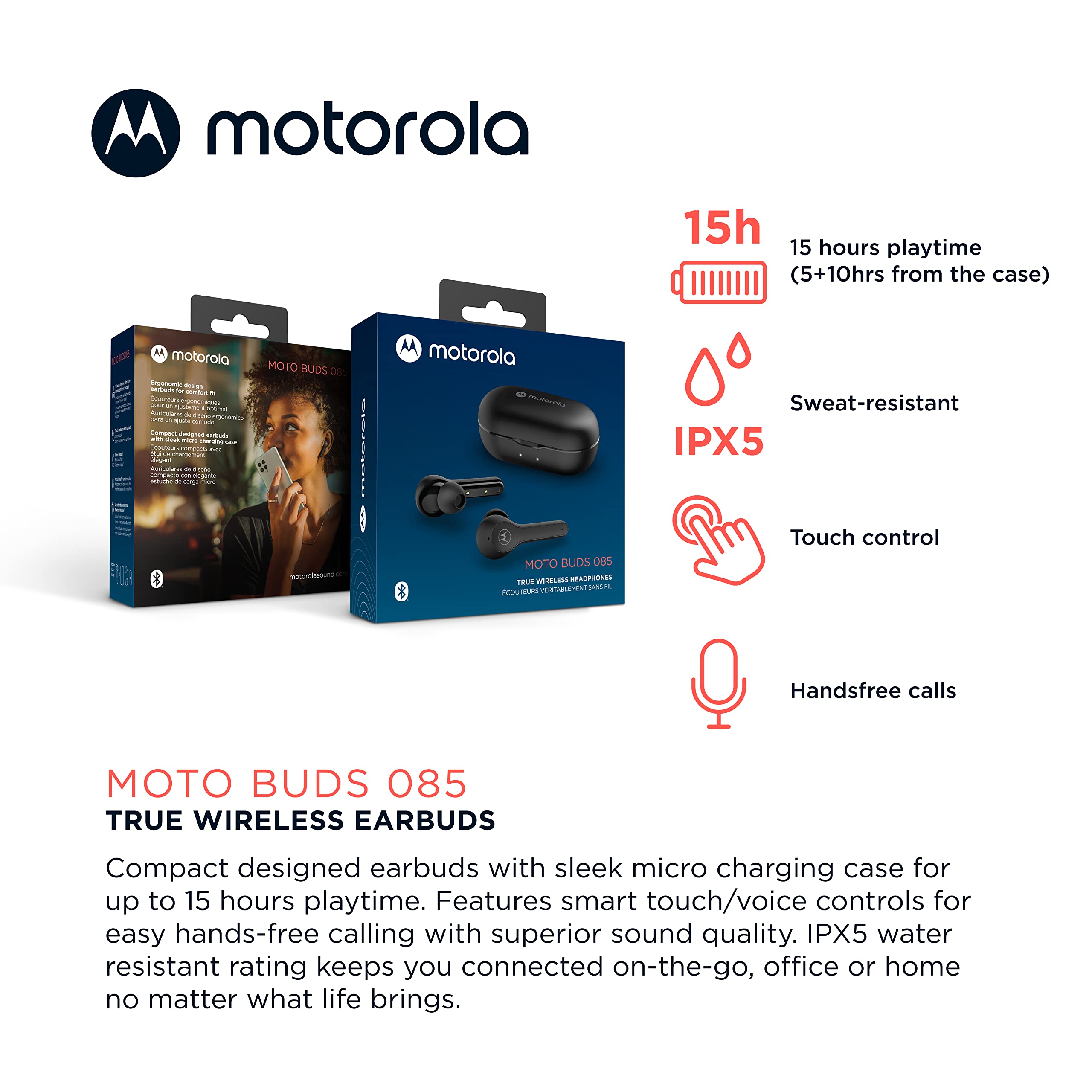 Motorola Moto Buds 085 Wireless Earbuds - IPX5 Waterproof, Deep Bass, Touch Control for Sports & Workouts