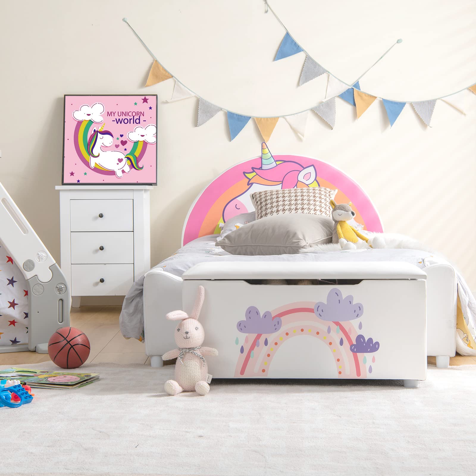 HONEY JOY 2-in-1 Kids Wooden Toy Storage Box with Padded Seat - Large Faux Leather Toy Chest Bench for Nursery, Bedroom & Playroom - Carry Handles for Easy Moving - Perfect for Organizing Toys, Books & Kids' Room Decor (Cloud Design)