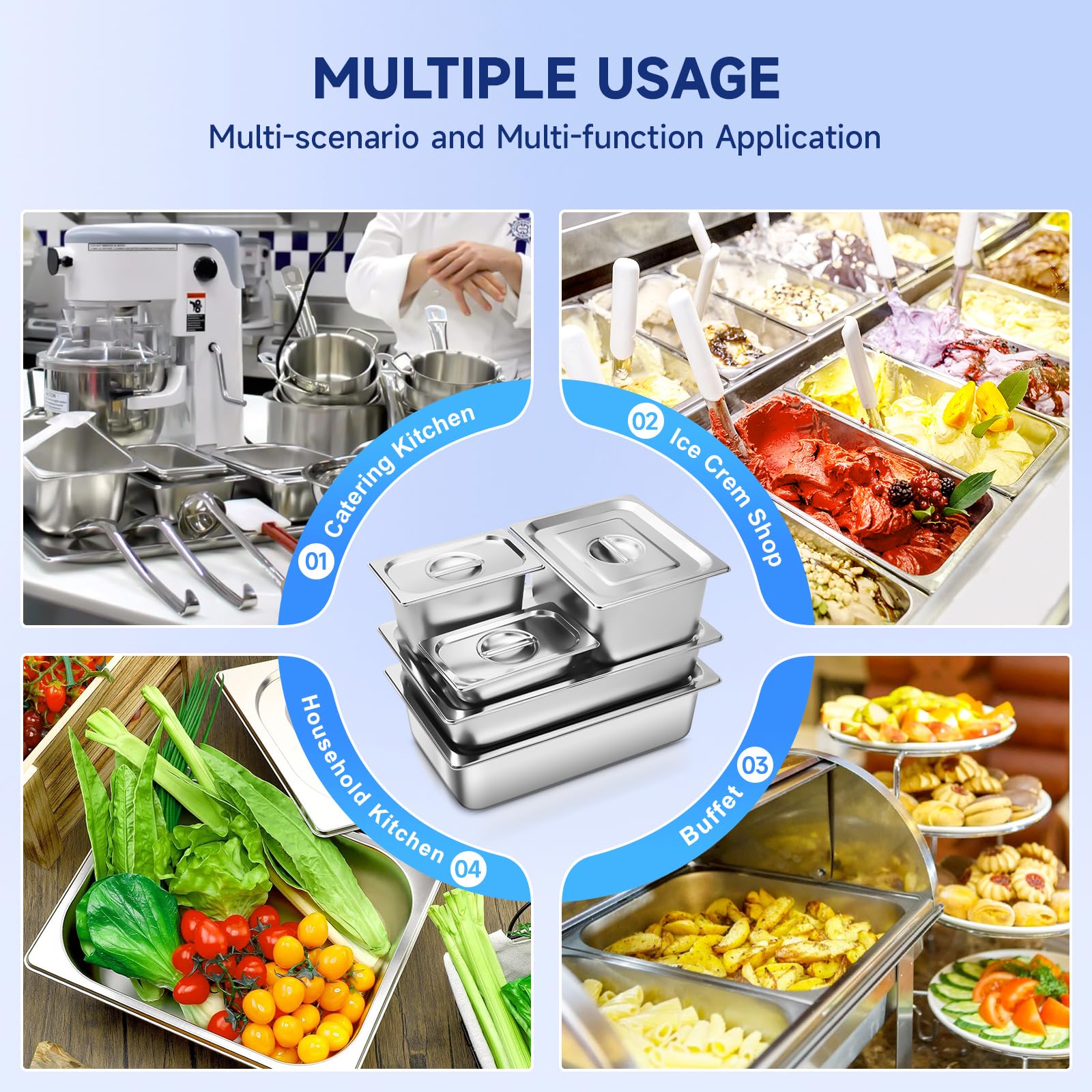 1/4 Size Stainless Steel Hotel Pan with Lids (6 Pack) – 4 Inch Deep Commercial Food Pans for Buffet, Catering & Food Prep – Durable Steam Table Pans for Restaurants, Banquets & Buffet Serving