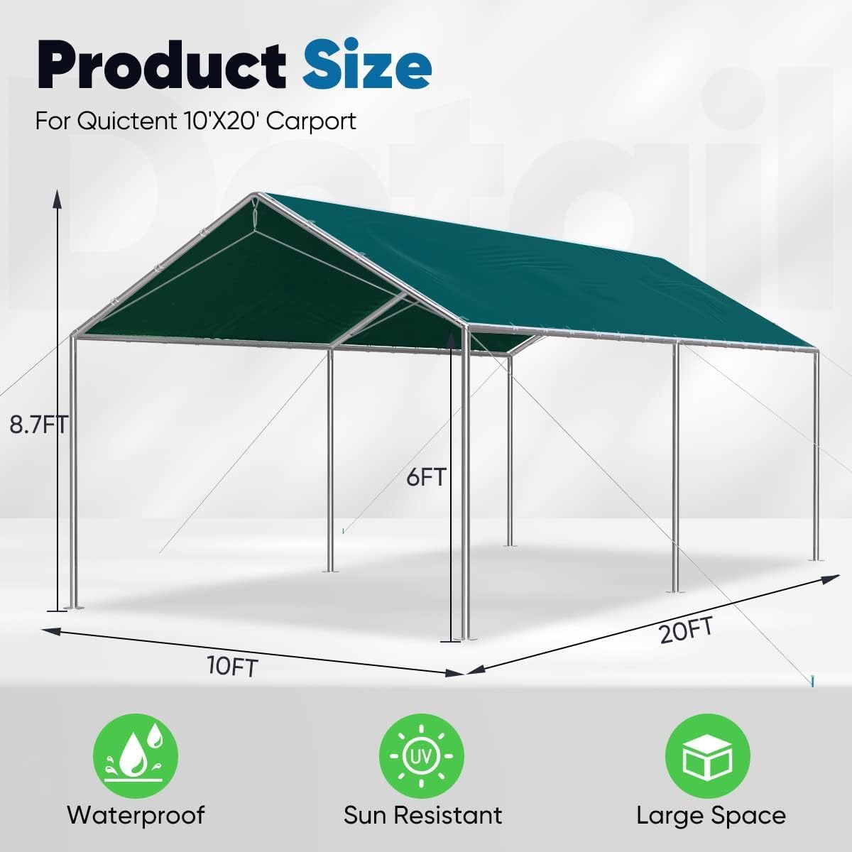 Quictent 10x20 ft Heavy Duty Car Canopy with Galvanized Steel Frame - Waterproof Outdoor Party Tent, Boat Shelter & Vehicle Cover with 3 Reinforced Steel Cables (Green) - Perfect for Backyard Events, Camping & RV Protection