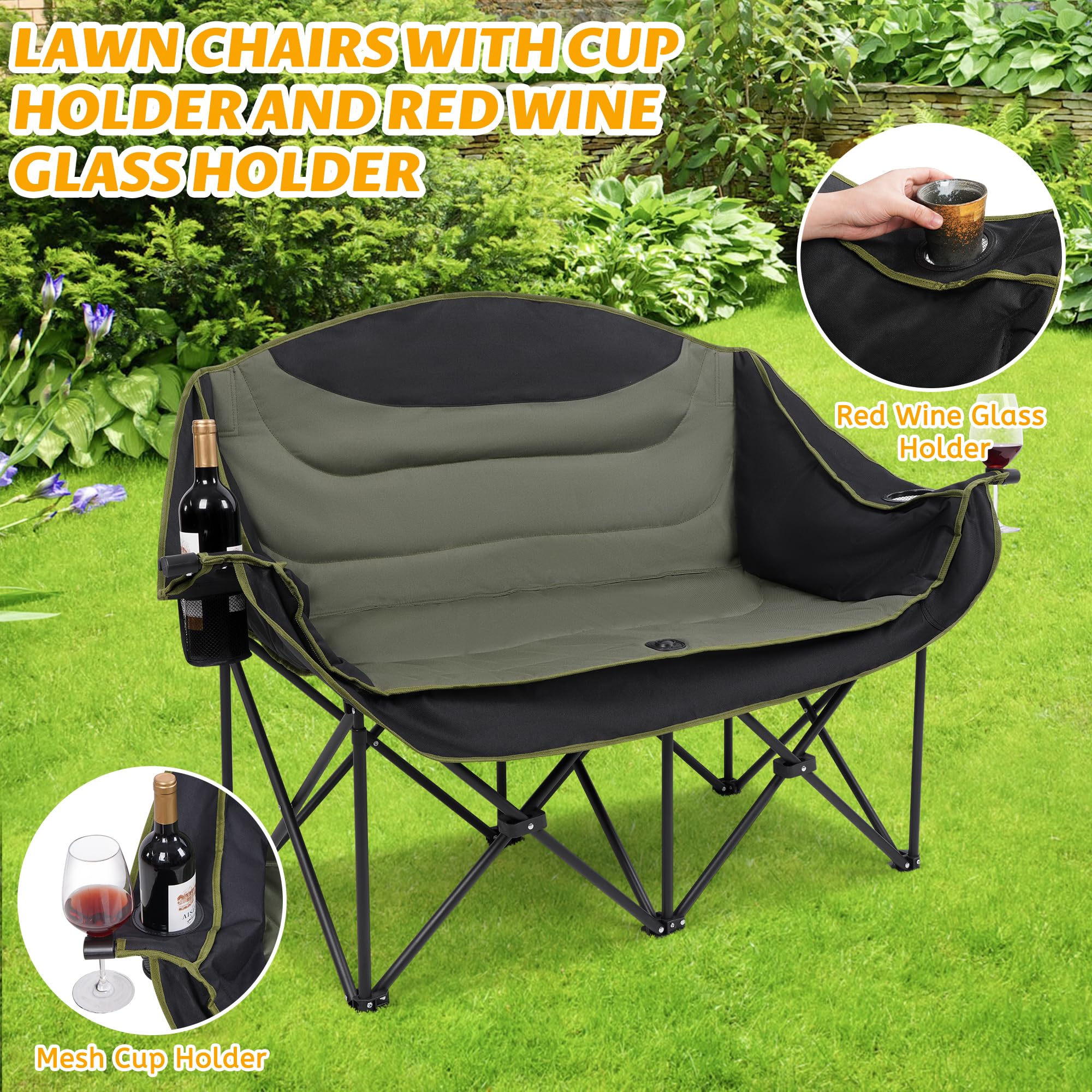 UBALANCE Heavy Duty 650LBS Portable Double Camping Chair for Adults - Oversized Folding Loveseat for Outdoor Activities, Garden, Lawn, Picnic, Beach & Fishing (Green) | Perfect for Couples Camping, Backyard Relaxing and Outdoor Events
