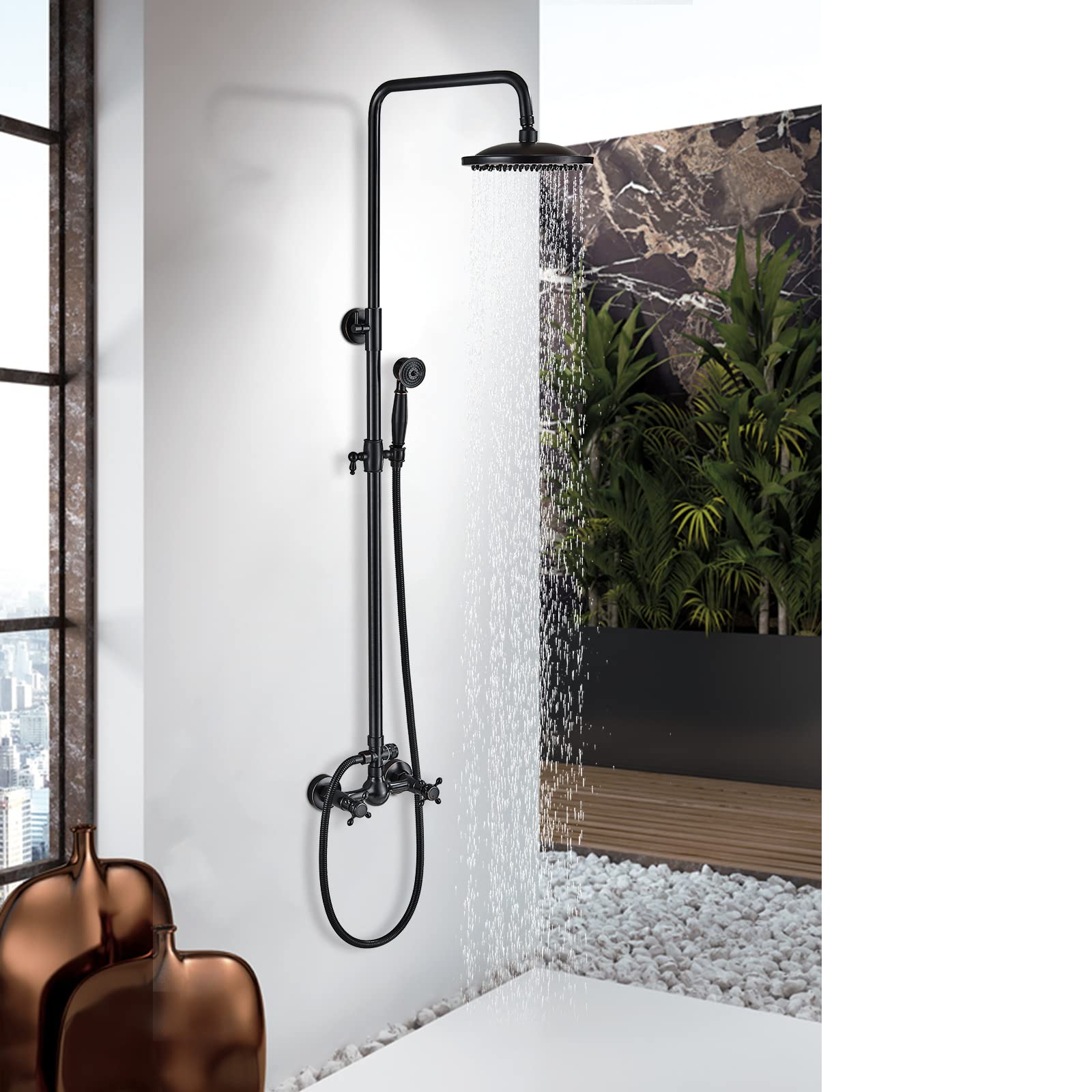 Oil Rubbed Bronze Rain Shower System - 8 Inch Rainfall Shower Head & Handheld Spray - Wall Mounted Solid Brass Faucet Set with 2 Cross Handles - Perfect for Outdoor & Bathroom Showers, Spa-Like Relaxation Experience