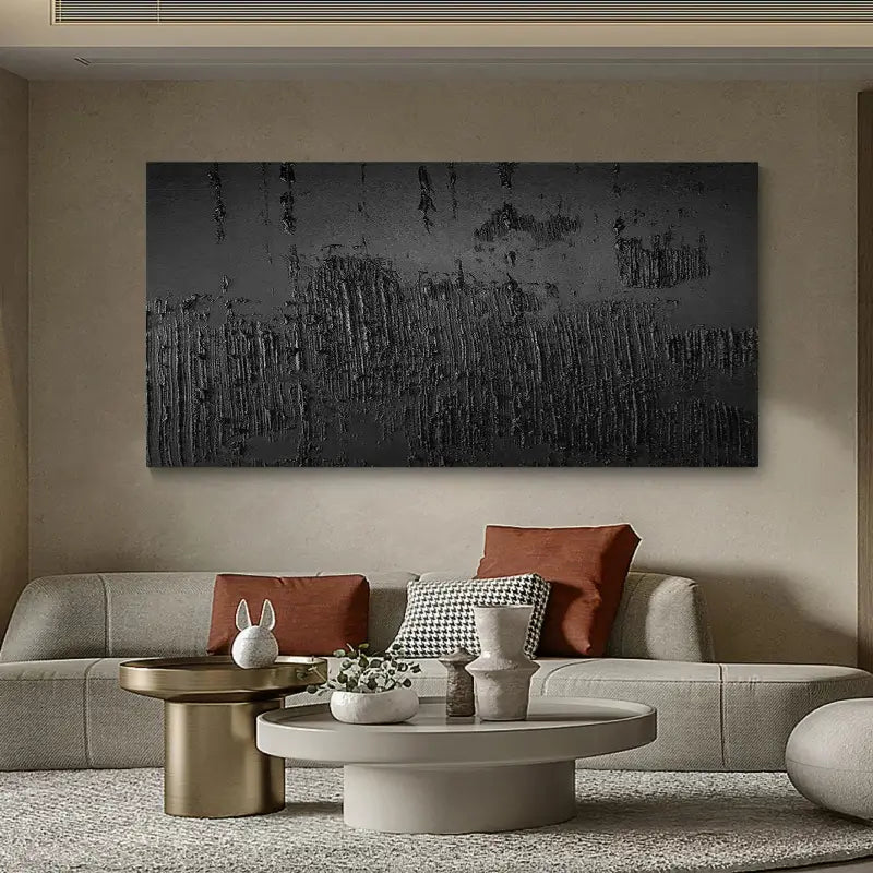 Black Minimalist Textured Abstract Wall Art Painting - Modern Home Decor for Living Room, Bedroom & Office - Canvas Artwork #MZ018