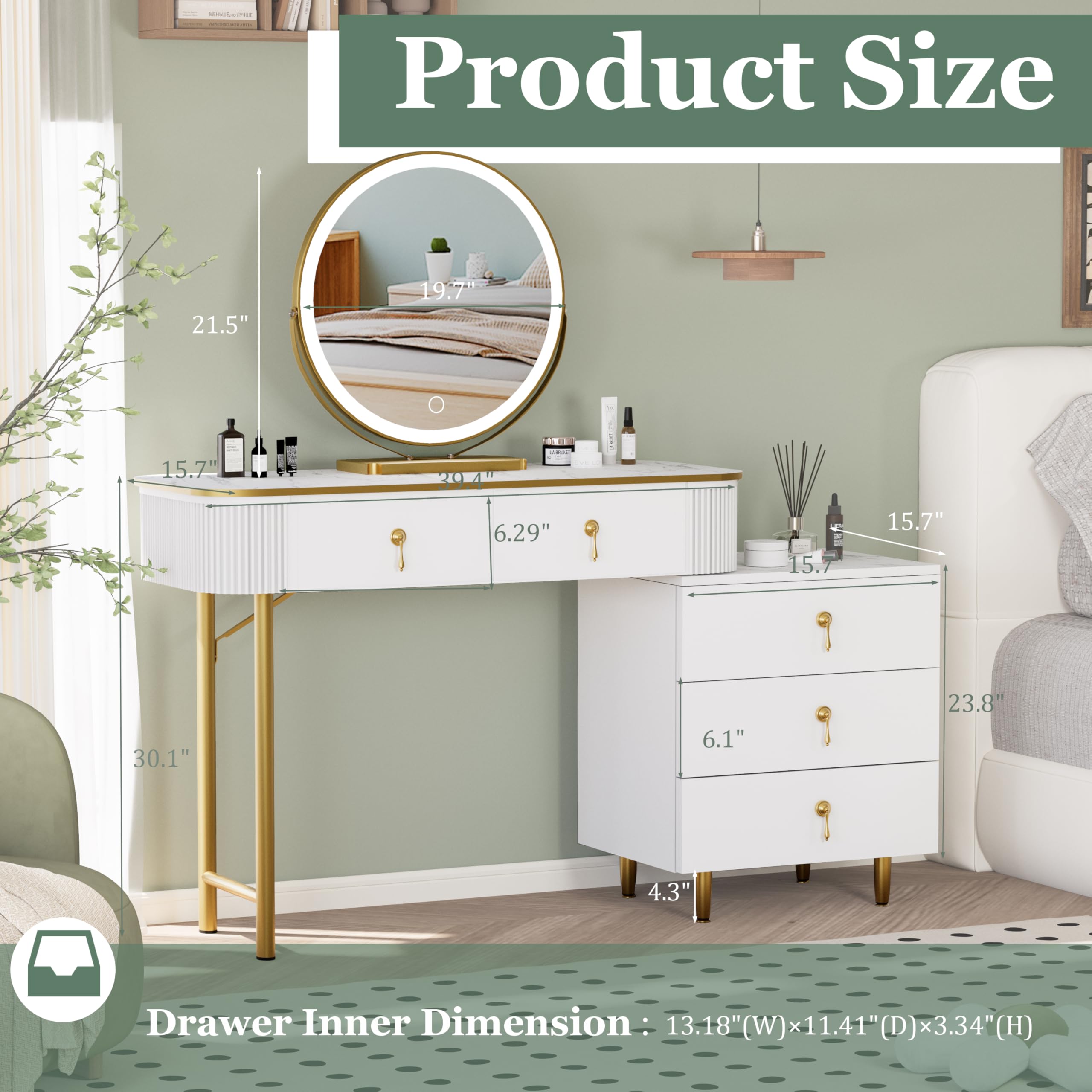 Modern Makeup Vanity Desk with LED Lights & Touch Screen - 3 Color Adjustable Mirror, 5 Storage Drawers, White Dressing Table | Perfect for Bedroom, Salon & Beauty Room Organization