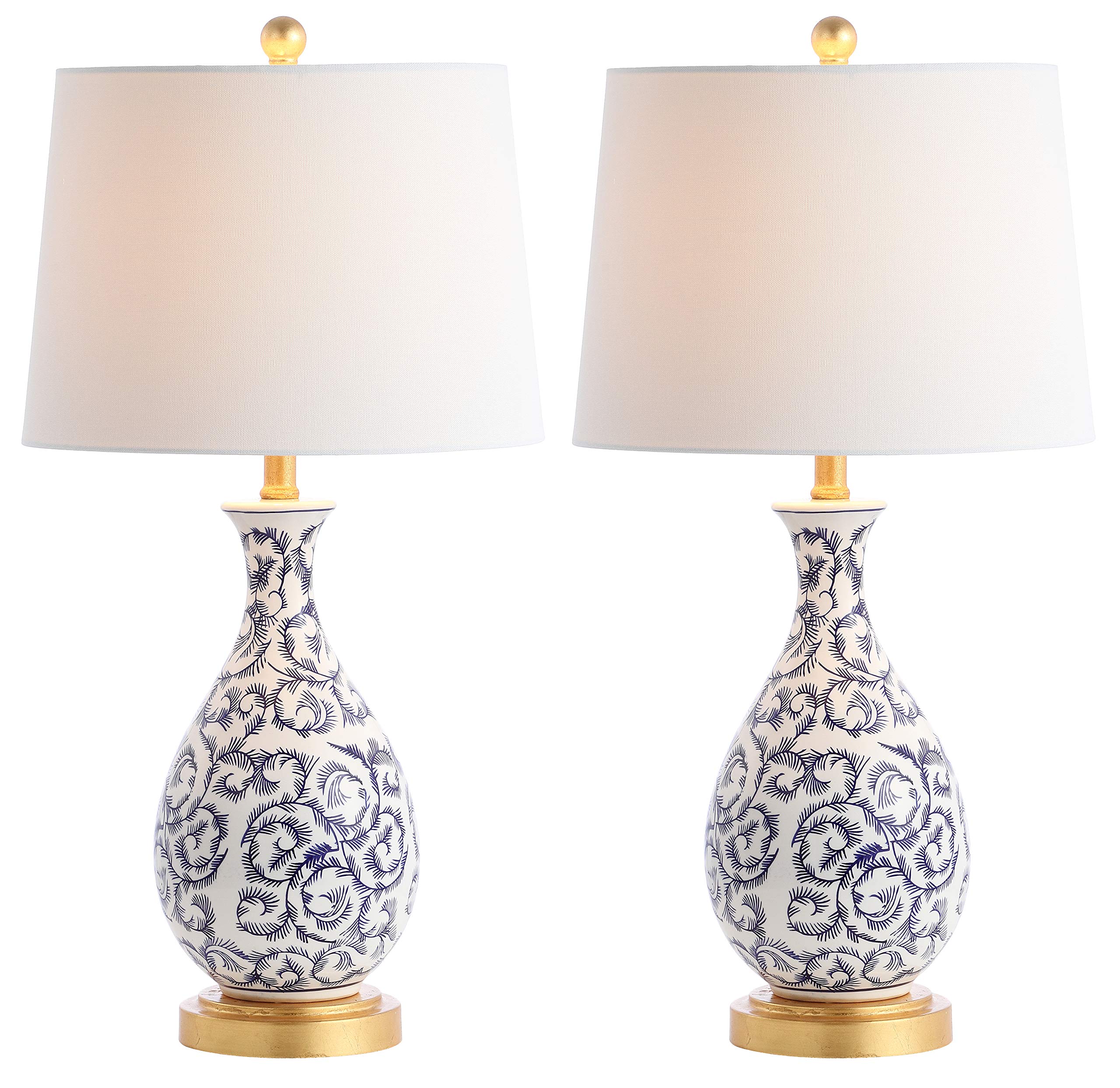 SAFAVIEH Avi Scroll 28-inch Table Lamp Set of 2 - Blue & White Modern LED Desk Lamp for Bedroom, Living Room, Home Office & Nightstand - Energy Efficient Lighting with Included LED Bulbs for Cozy Ambience & Task Lighting