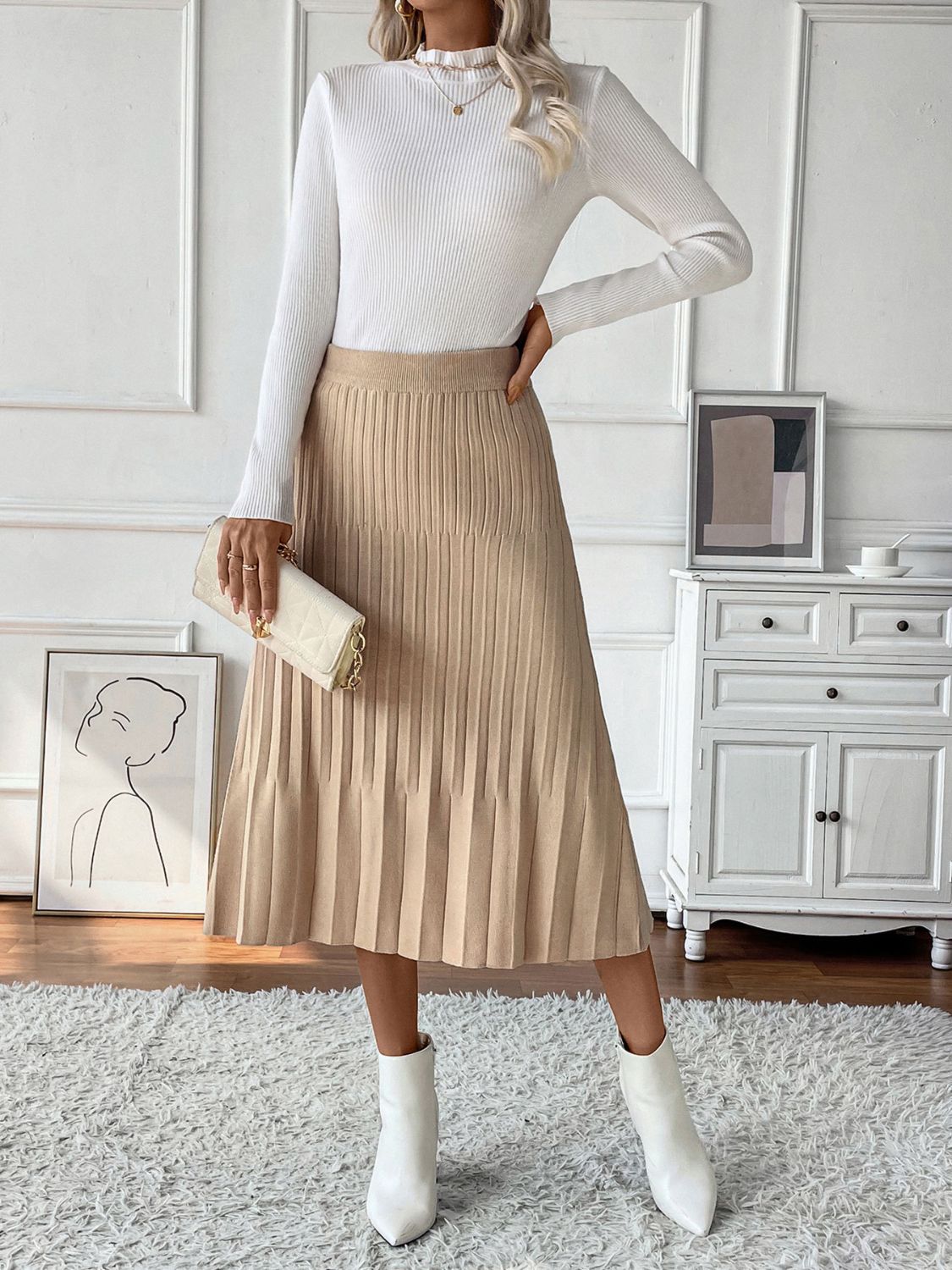 Tan Pleated Sweater Skirt for Women - Soft Knit Midi Skirt with Elastic Waist | Perfect for Fall Outfits, Office Wear & Casual Dates