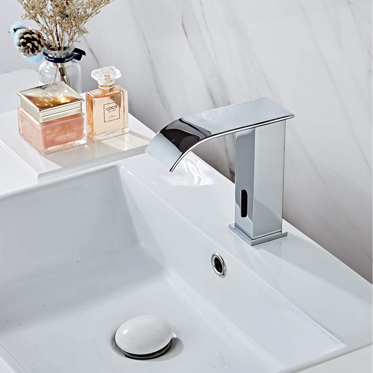 Automatic Touchless Bathroom Faucet Sensor - Hands-Free Waterfall Chrome Sink Faucet with Motion Activation | Dual Powered (Battery/USB) | Perfect for Modern Homes, Public Restrooms & Water Conservation | ADA Compliant Design