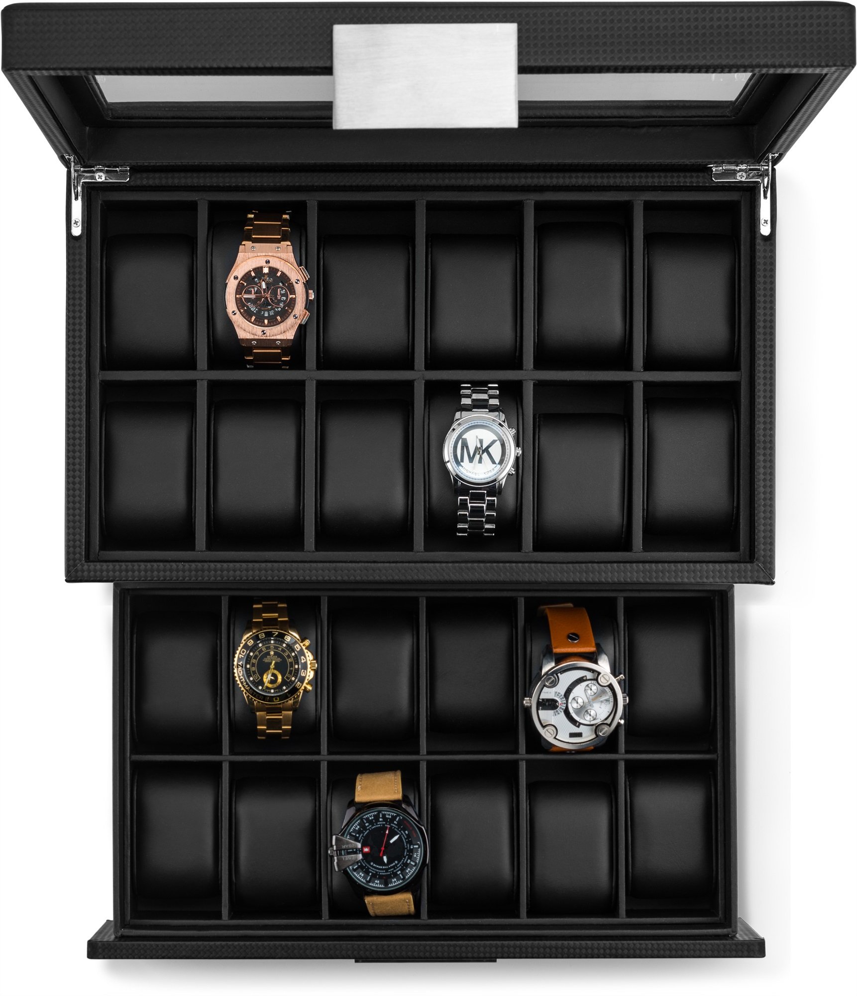 Premium 24-Slot Luxury Watch Box for Men - Carbon Fiber Design with Metal Buckle, Large Glass Top & Leather Pillows - Perfect for Watch Collectors, Jewelry Storage & Gift Giving - Ideal for Home, Office & Travel Organization