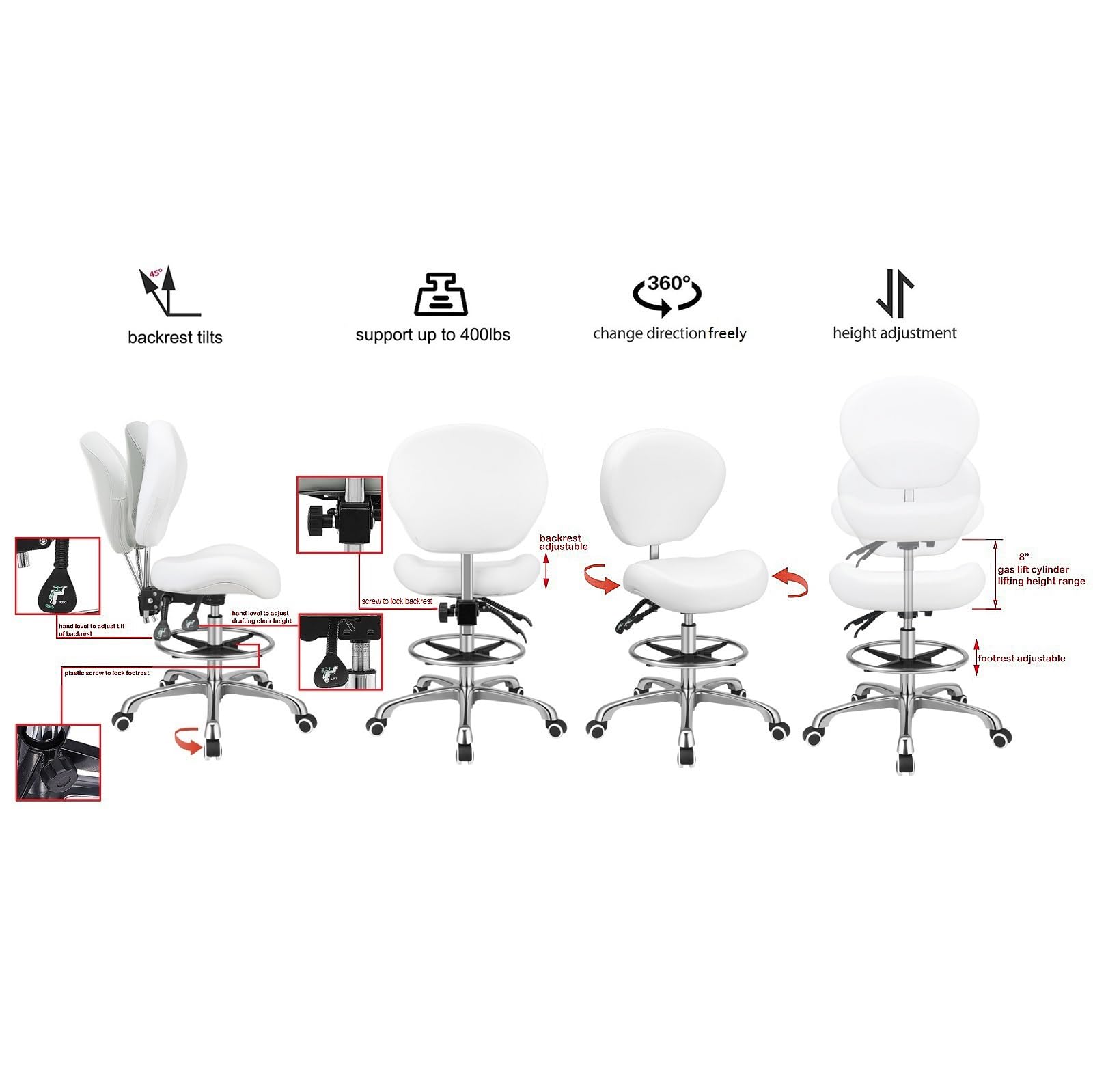 Adjustable Height Drafting Stool with Backrest & Footrest - Swivel Rolling Office Chair for Work, Studio, Dental, Salon & Kitchen - Ergonomic Home Desk Chair (White) - Perfect for Artists, Designers & Professionals