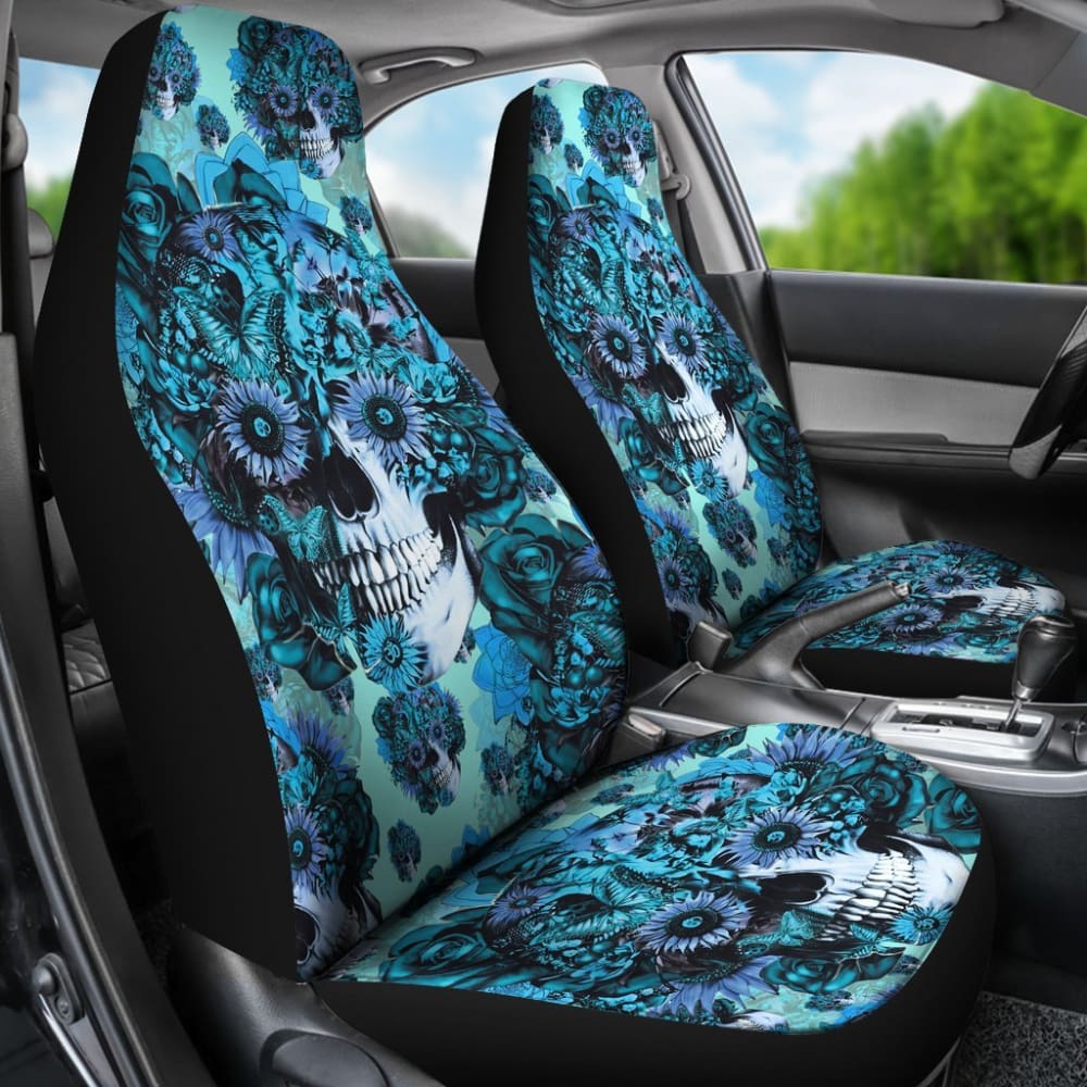2 Pcs Gothic Skull Car Seat Covers - Universal Fit for Cars, Trucks & SUVs - Black Skull Print Design - Perfect for Halloween, Gothic Style & Car Enthusiasts - Easy to Install & Machine Washable