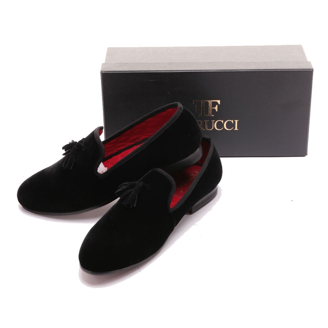 FERUCCI Men's Handmade Black Velvet Smoking Slippers - Tassel Loafers for Formal Wear & Luxury Home Comfort