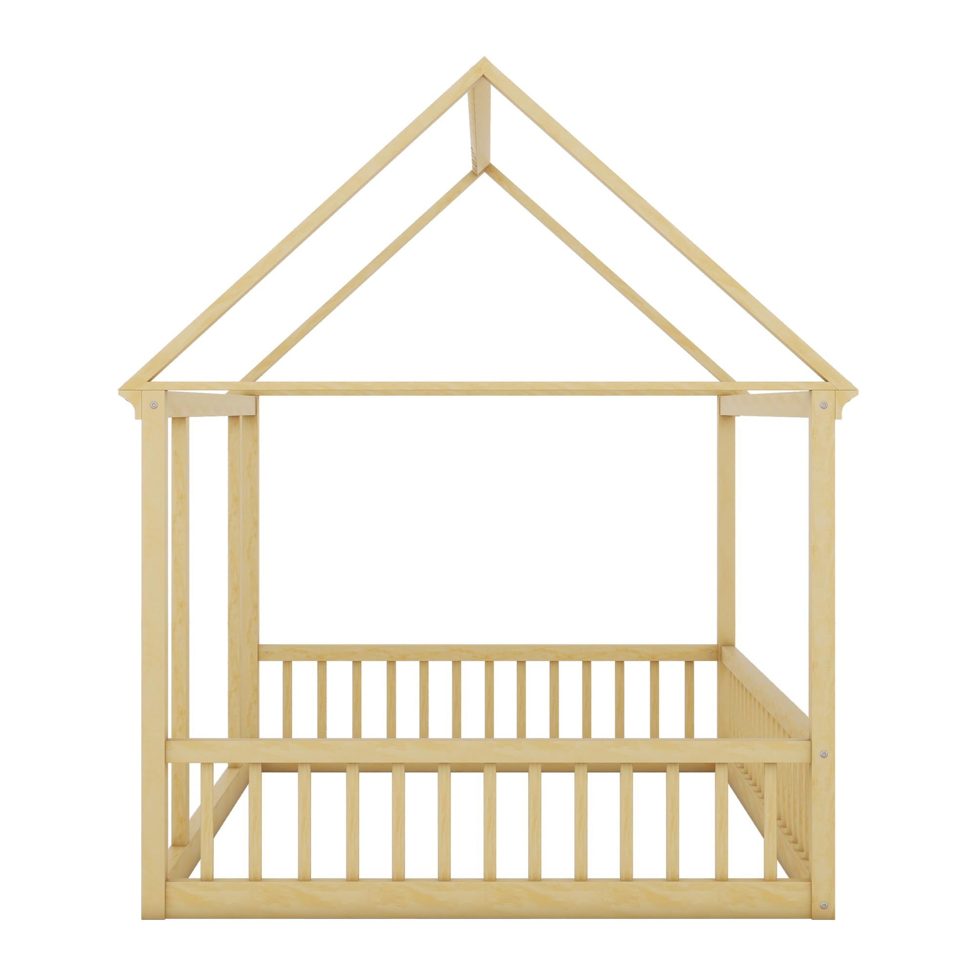 Bellemave Full Size Floor Bed for Kids - Wooden House Bed Frame with Safety Fence, Montessori Style Playhouse Bed for Boys & Girls - Perfect for Bedrooms, Playrooms & Montessori Learning Environments