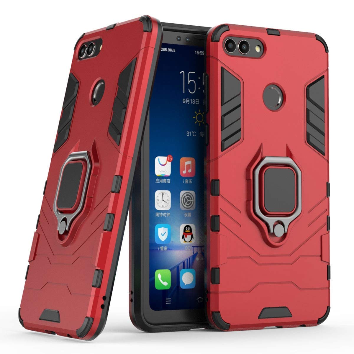 LuluMain Huawei Y9 (2018) Case with Metal Ring & Kickstand - Shockproof Hard Bumper Dual Layer Rugged Cover (Red) - Compatible with Magnetic Car Mount - Perfect for Daily Use, Travel & Outdoor Activities