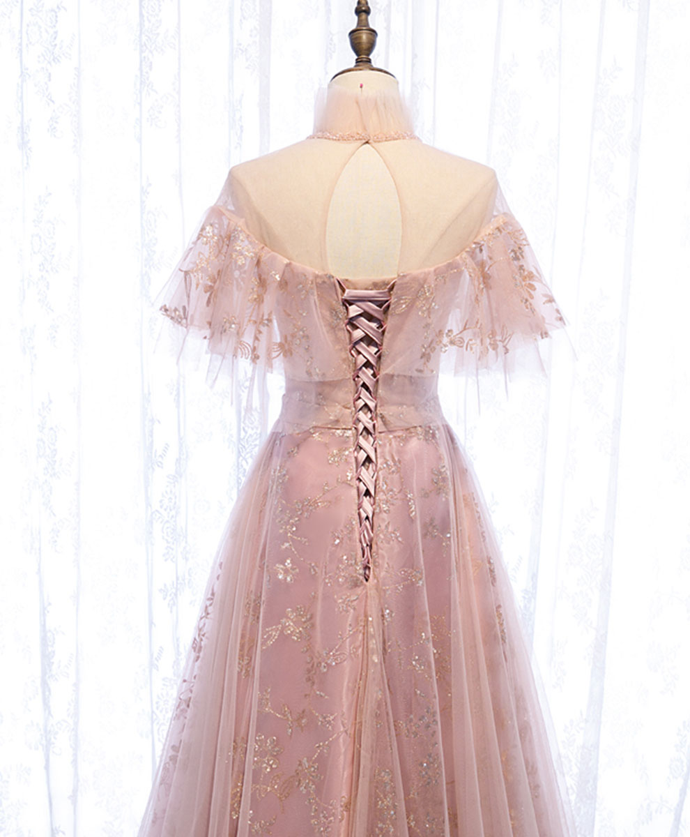 Elegant Pink Tulle Lace Long Prom Dress with Floral Embroidery - Formal Evening Gown for Homecoming, Quinceañera & Special Occasions - Perfect for Prom Night, Wedding Guest & Ballroom Dance Events