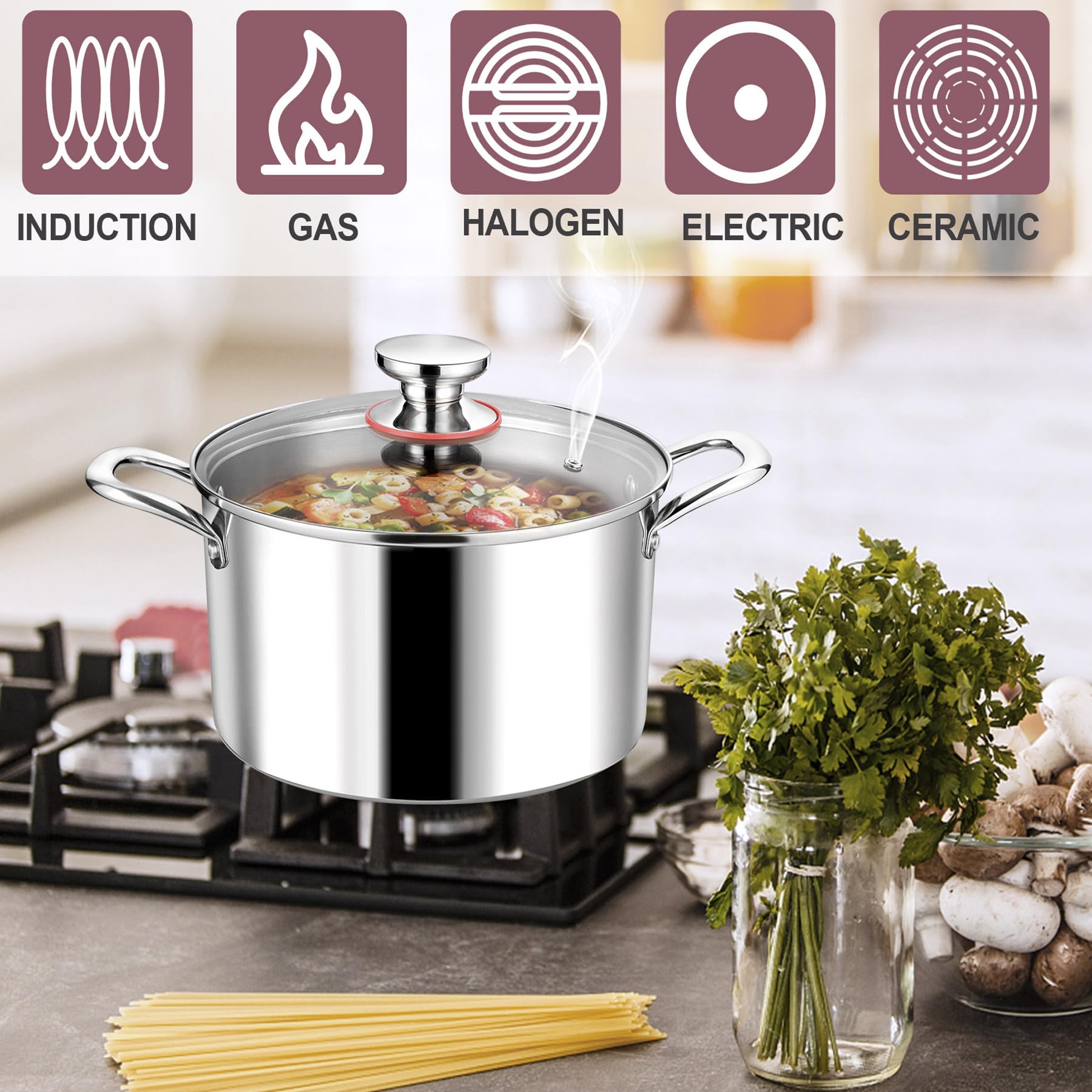 LIANYU 8QT 18/10 Stainless Steel Stock Pot with Lid - Heavy Duty Triple Ply Induction Compatible Soup Pot for Cooking, Boiling, Stewing & Canning - Perfect for Pasta, Soups & Large Family Meals