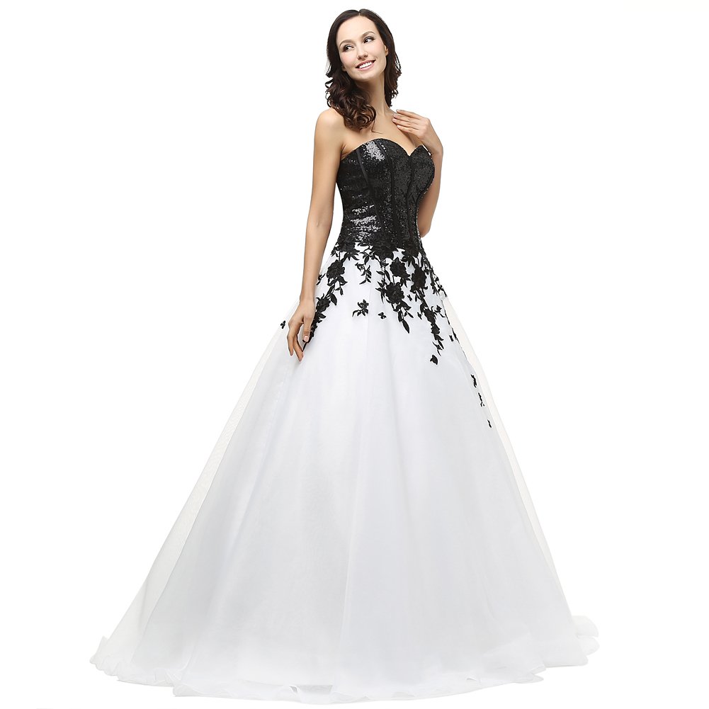 Kivary Sweetheart Black Sequined White Organza Lace Long Prom Evening Dresses for Women - Elegant Formal Gown for Homecoming, Wedding, and Special Occasions
