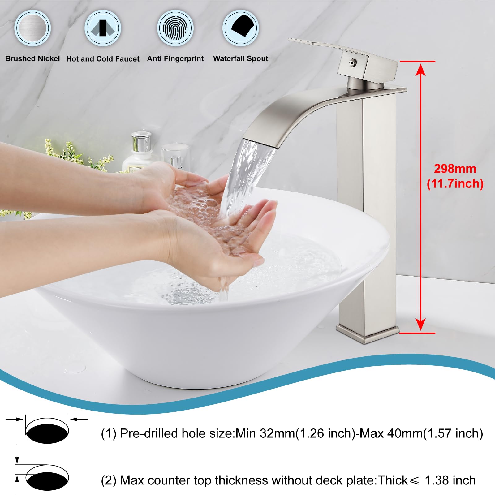 Modern Tall Waterfall Bathroom Faucet - Brushed Nickel for Sink & Vanity