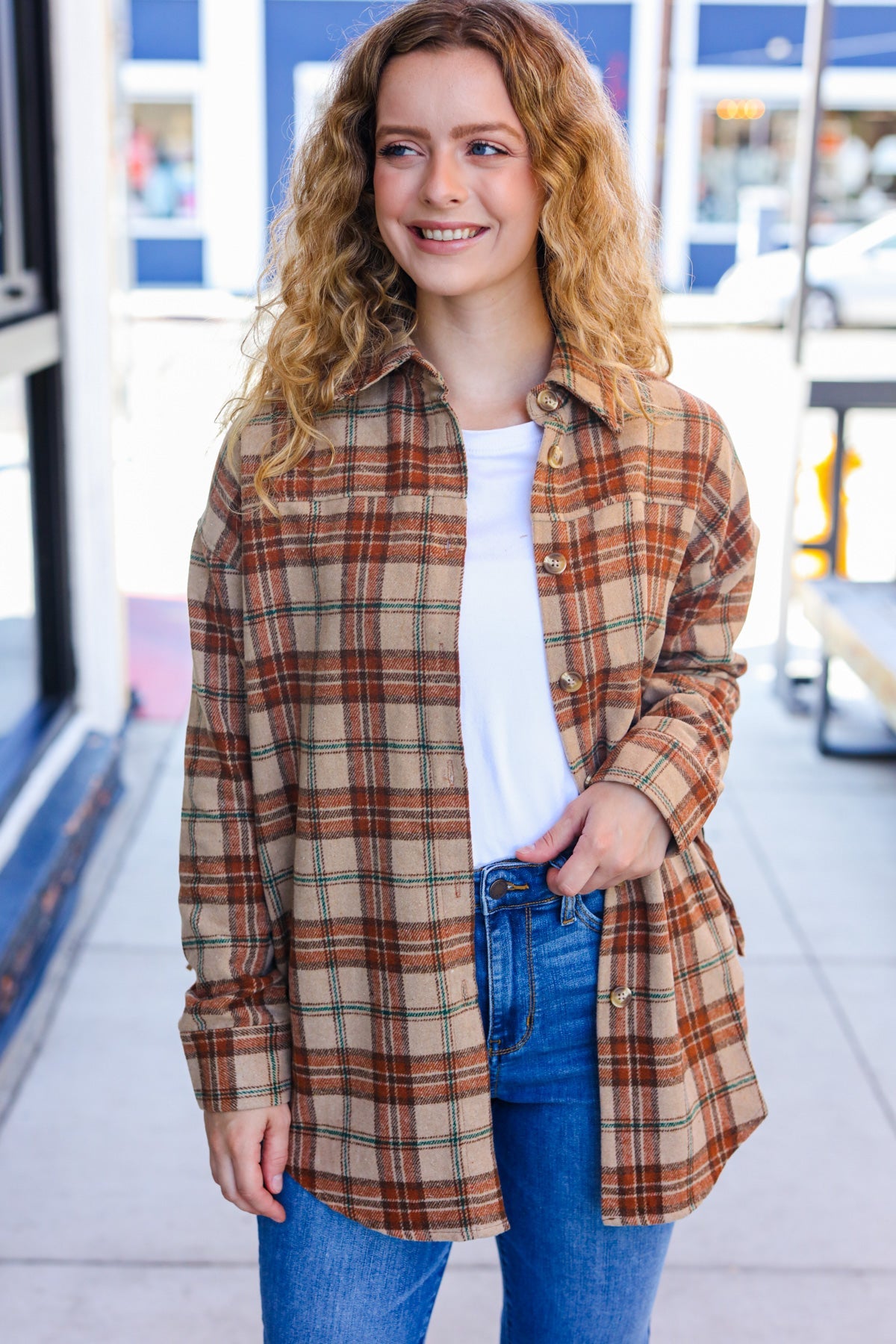Stylish Taupe & Rust Flannel Plaid Fringe Jacket for Women - Cozy Fall Winter Layering Essential | Perfect for Outdoor Adventures, Casual Outings & Date Nights