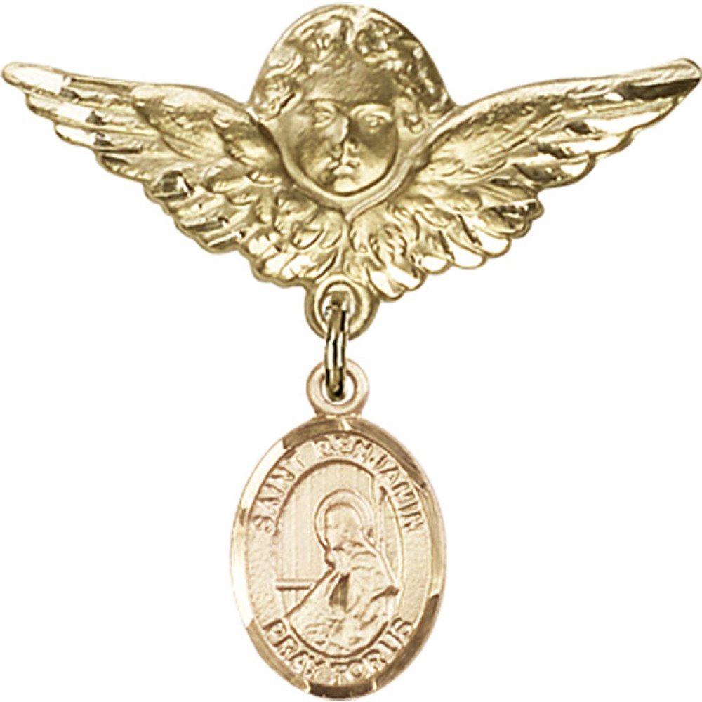 St. Benjamin Gold Filled Baby Badge with Angel Wings Charm - 1 1/8 Inch Religious Keepsake Pin for Christening, Baptism & Baby Shower Gifts