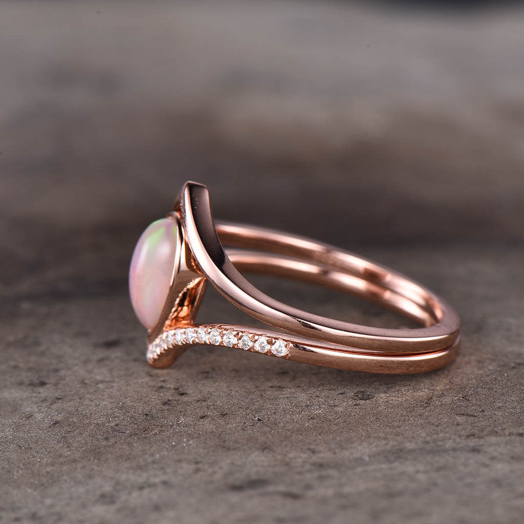 Natural Pink Opal Engagement Ring Set in 14K/18K Gold - Dainty Plain Band for Women, Wedding, Proposal & Anniversary Jewelry Gift