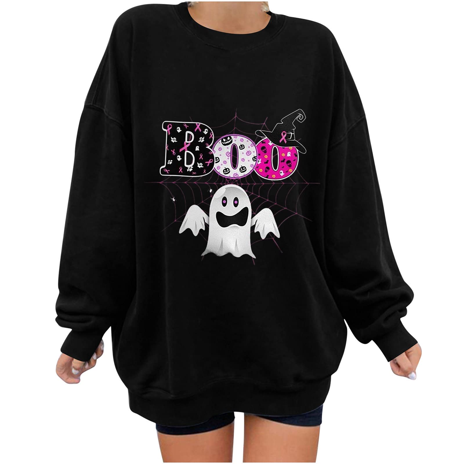 Pink Ribbon Breast Cancer Awareness Sweatshirt for Women - Long Sleeve Crewneck Pullover Top - Comfortable Casual Blouse for Fundraising Events & Everyday Wear