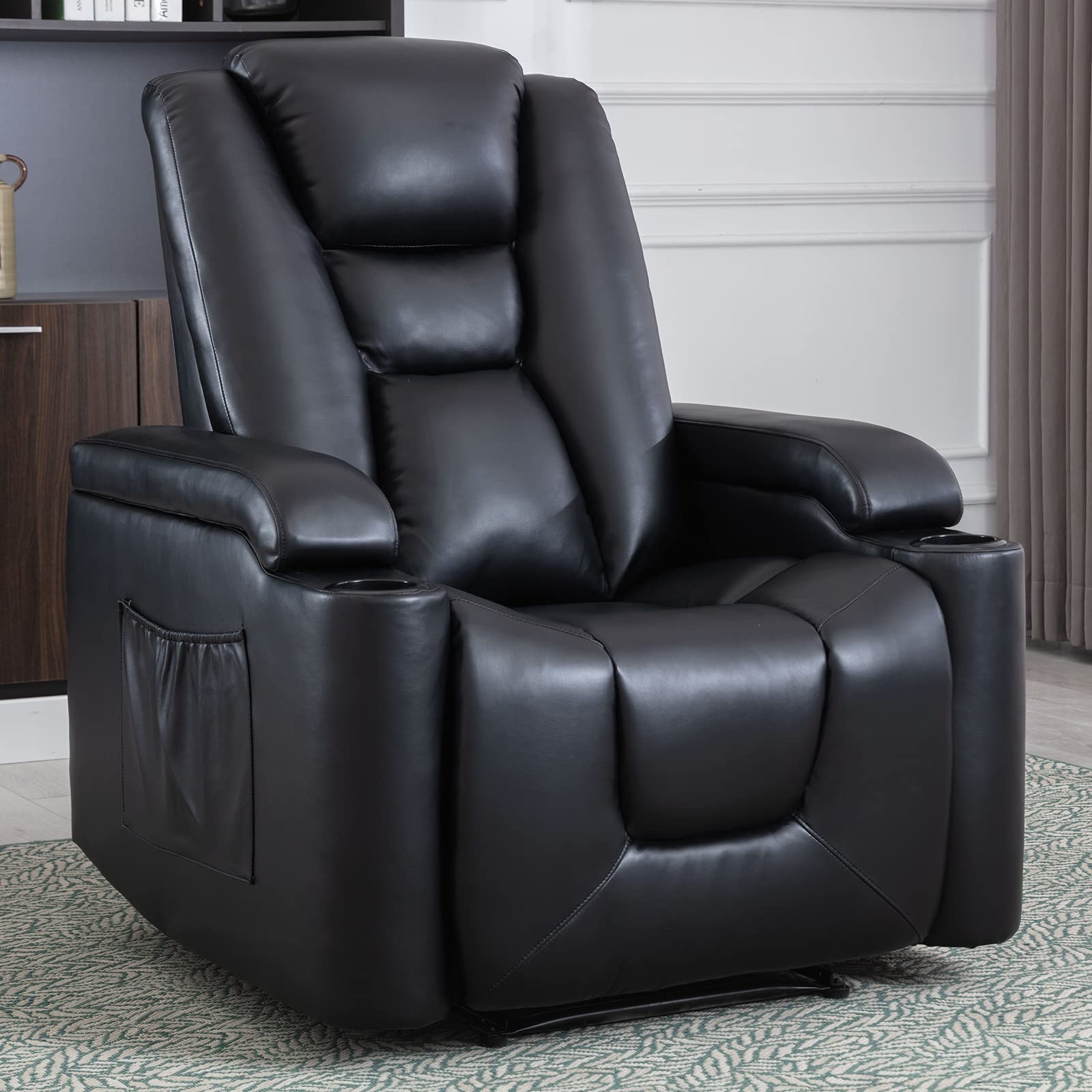Premium PU Leather Power Recliner Chair with USB Ports & Cup Holders - Electric Massage Reclining Sofa for Living Room, Home Theater - Adjustable Headrest & Hidden Storage (Black) - Perfect for Movie Nights, Gaming & Relaxation
