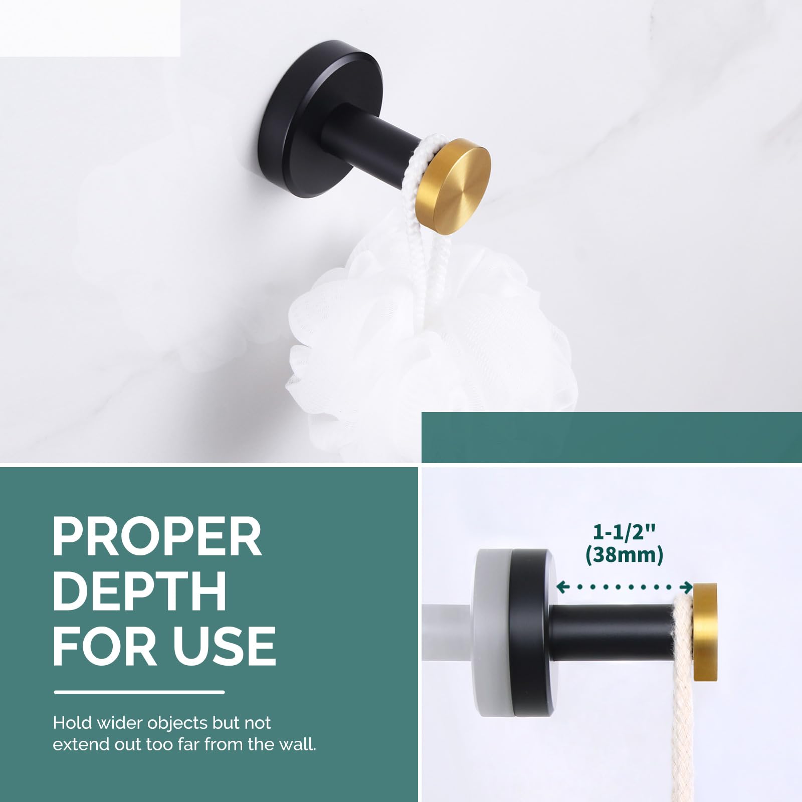 Stainless Steel Wall Hook - Black & Gold SUS304 Bathroom Towel Holder, Round Robe Hook for Hand Towels & Robes - Perfect for Bathroom, Kitchen, Bedroom & Entryway Organization