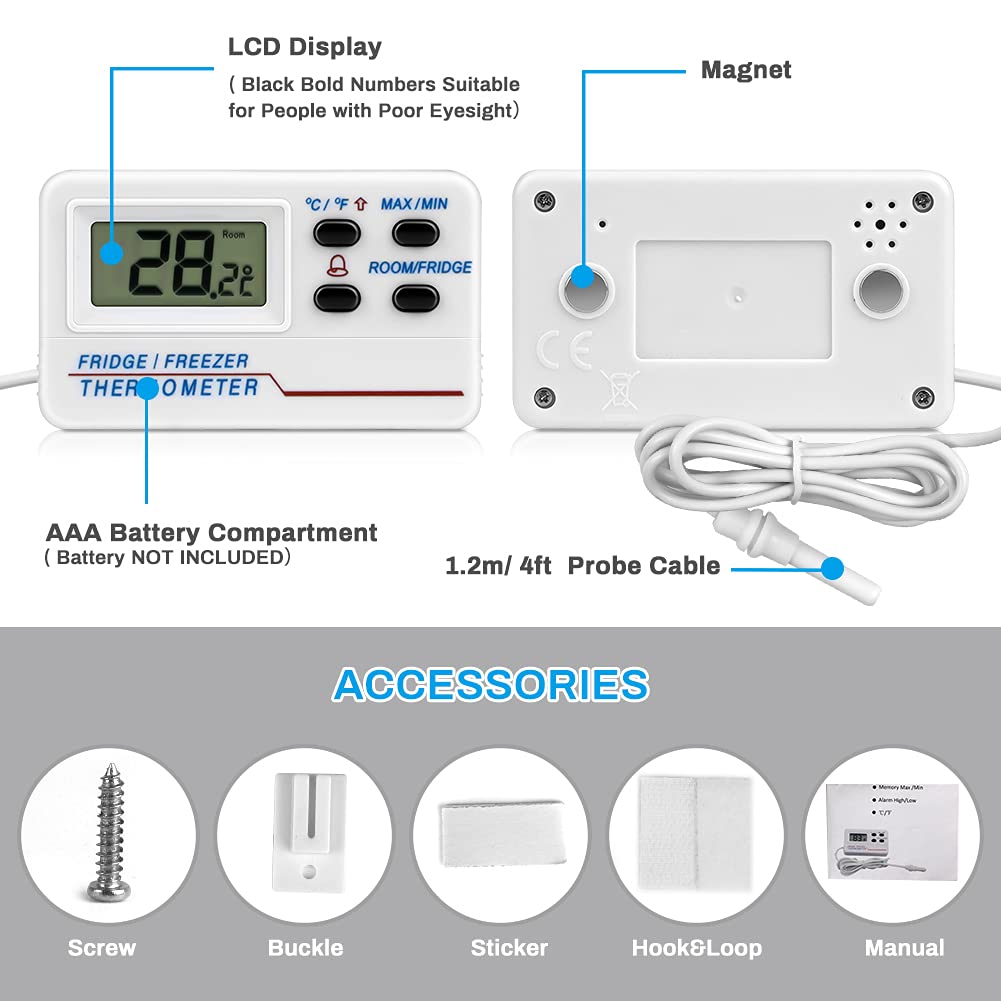 Welltop Digital Fridge Freezer Thermometer with Probe - Wireless Refrigerator Temperature Monitor with Max/Min Memory Alarm - Perfect for Home Kitchen, Bars, Cafes & Food Storage Safety