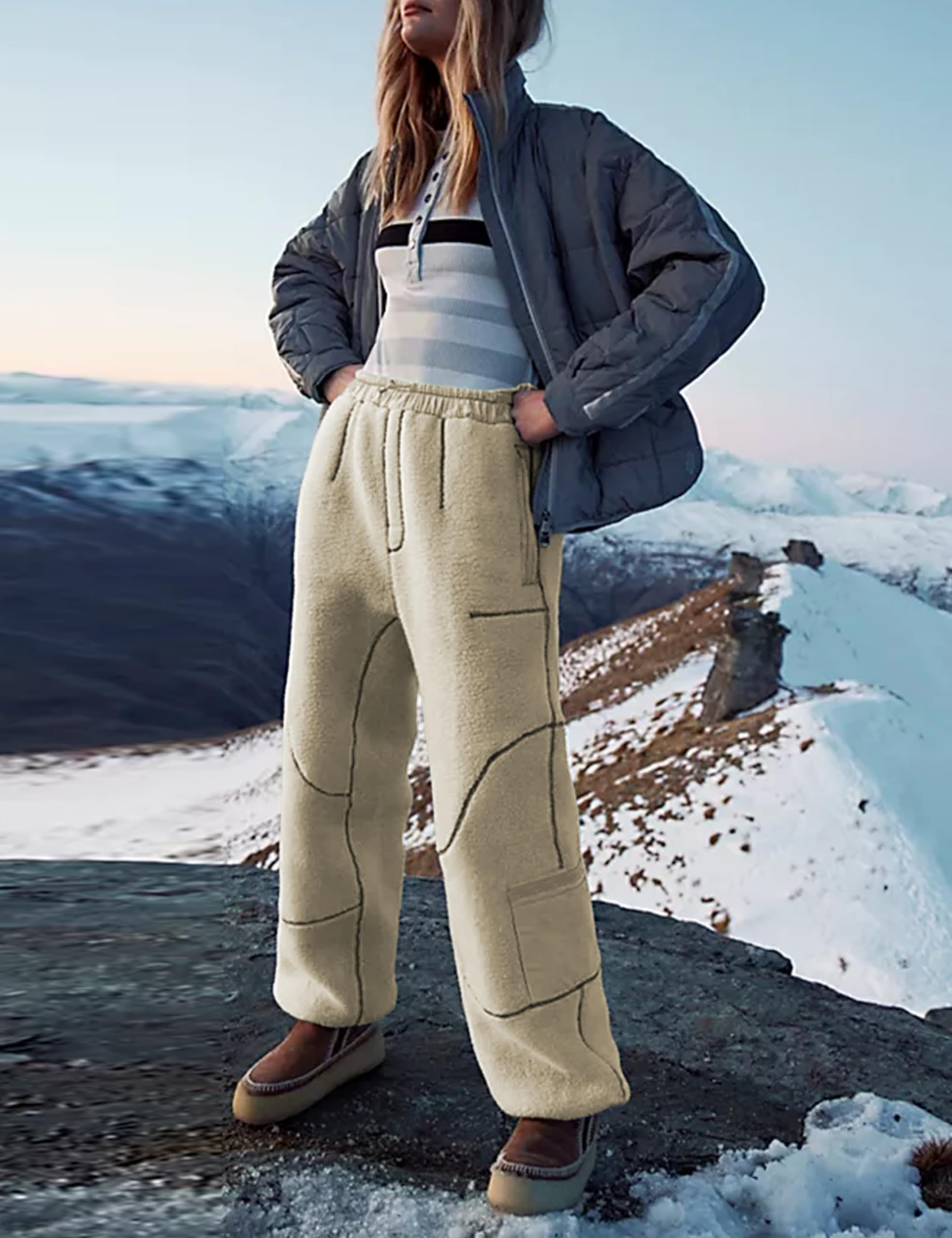 Omoone Women's 2024 Winter Fleece Sherpa Sweatpants - Warm Fuzzy Thermal Snow Ski Pants, Loose Fit Activewear with Pockets for Skiing, Snowboarding & Casual Winter Outfits