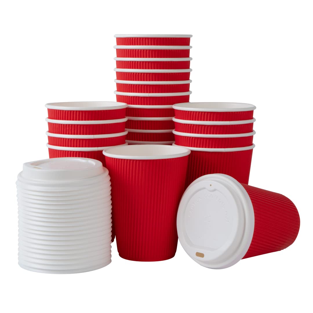 12oz Insulated Coffee Cups with Lids (200 Pack) - Leakproof & Non-Slip Red Disposable Paper Cups for Hot Beverages - Perfect for Coffee, Tea, Hot Cocoa & Lattes in Restaurants, Cafés & Offices