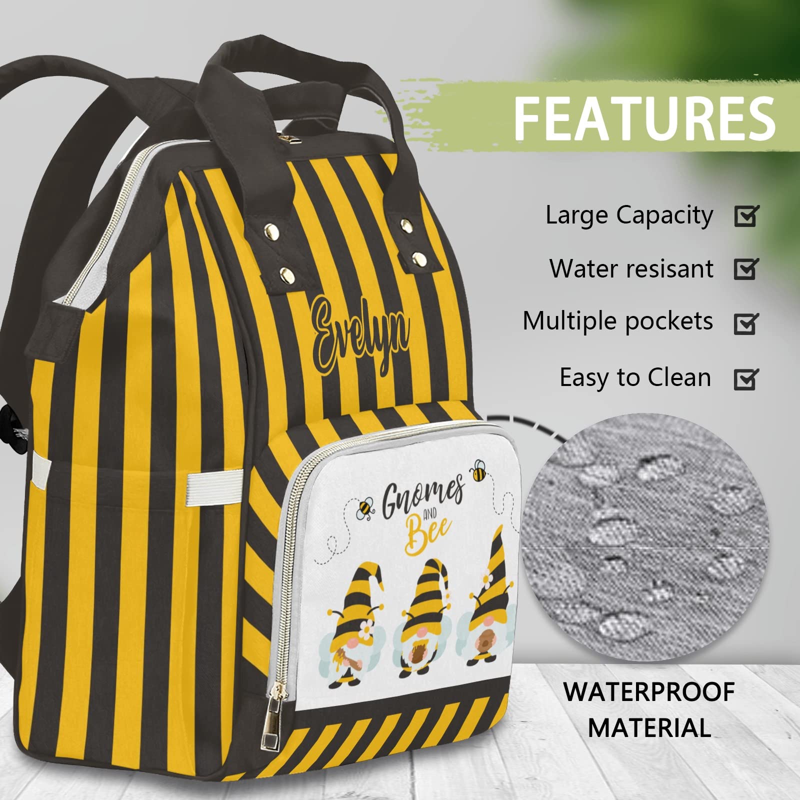 Custom Diaper Bag Backpack Tote with Gnomes & Bee Print - Personalized Baby Shower Gift for Moms - Perfect for Travel, Daycare & On-the-Go Parenting