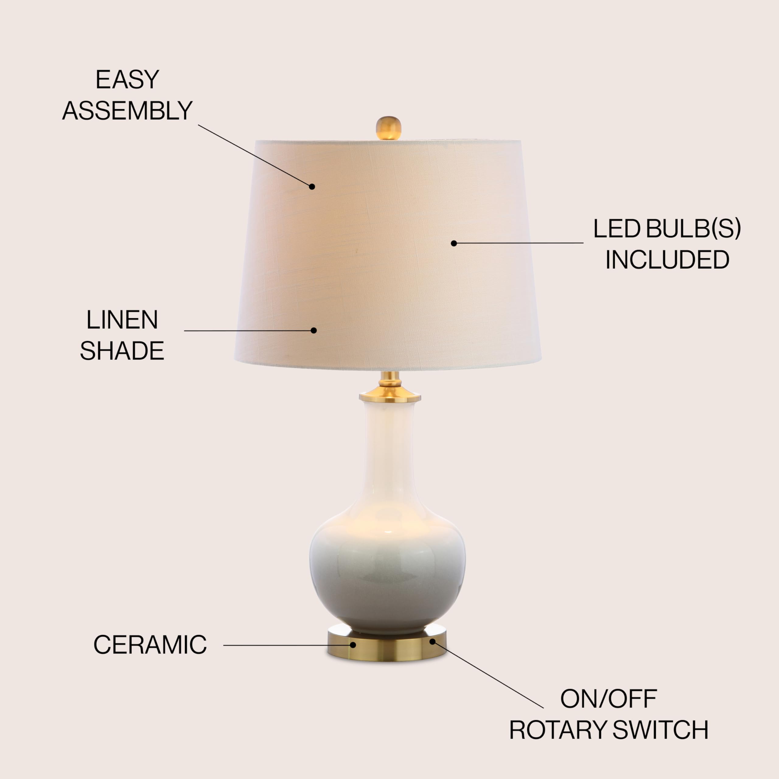 JONATHAN Y JYL3019B 25-Inch Gradient Ceramic & Brass LED Table Lamp - Modern Traditional Nightstand Light for Bedroom, Living Room, Office & Dorm - Includes LED Bulb (White/Grey) - Perfect for Reading, Studying & Ambient Lighting