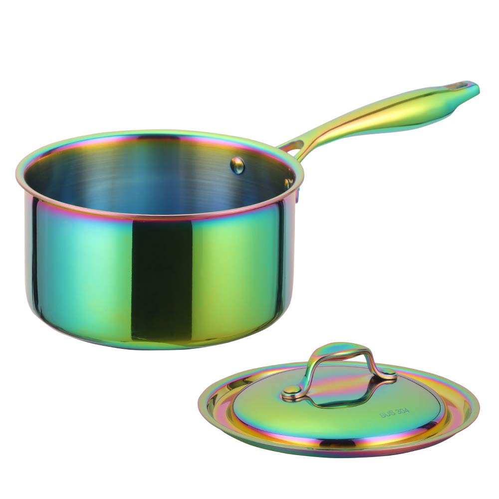 BuyGo 18/8 Stainless Steel Saucepan - 2.5 Quart Rainbow Cookware Pot with Heat-Resistant Handle, 3-Layer Multi-Purpose Induction Compatible Pot for Gas & Electric Stovetops, Dishwasher Safe - Perfect for Boiling, Simmering & Cooking Soups, Pasta & Sauces