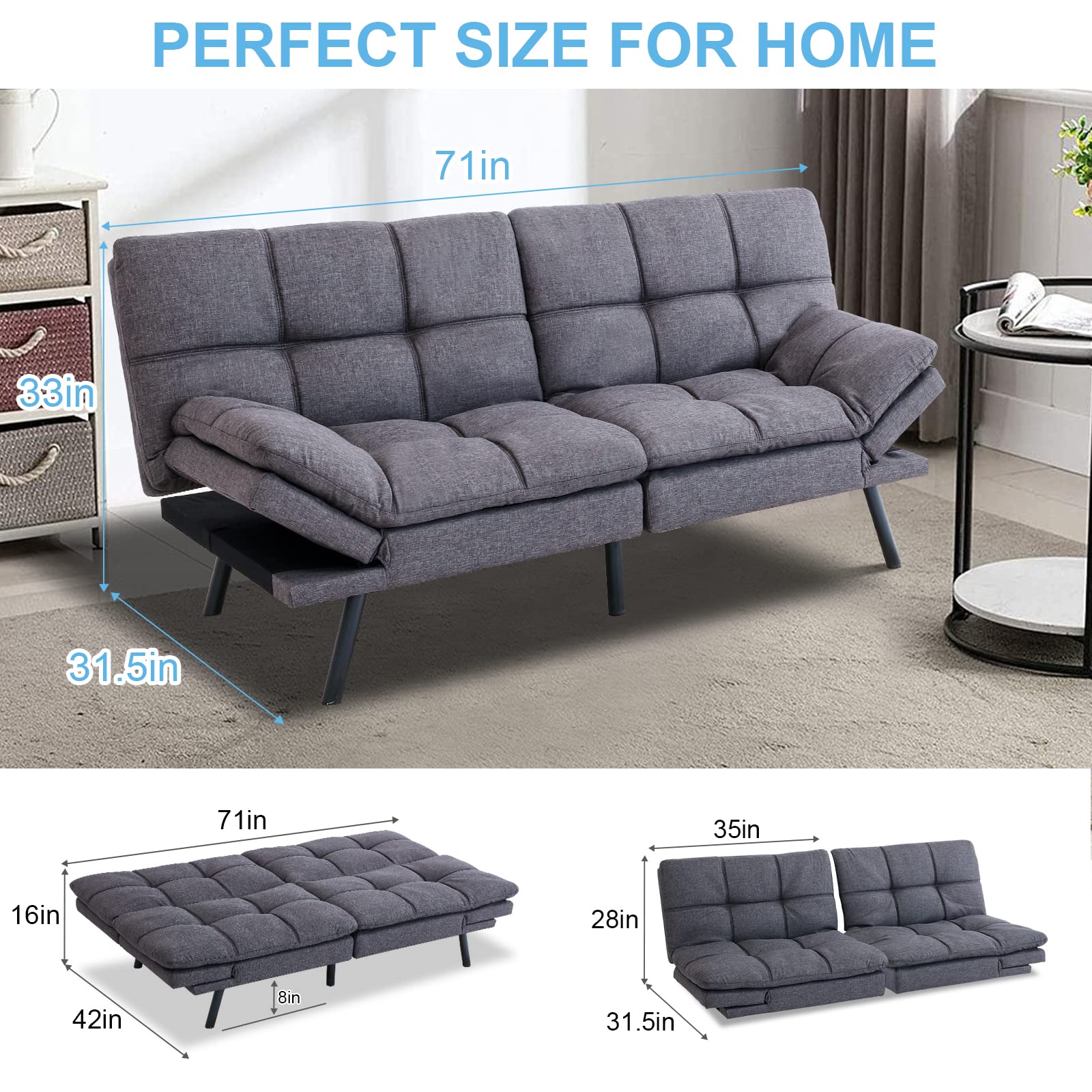 Opoiar Memory Foam Futon Bed - Modern Adjustable Armrest & Backrest Folding Love Seat Sofa for Small Spaces - Convertible Sofa Daybed with Linen Cover - Twin Size Sofa-01 - Perfect for Studio Apartments, Dorms & Guest Rooms