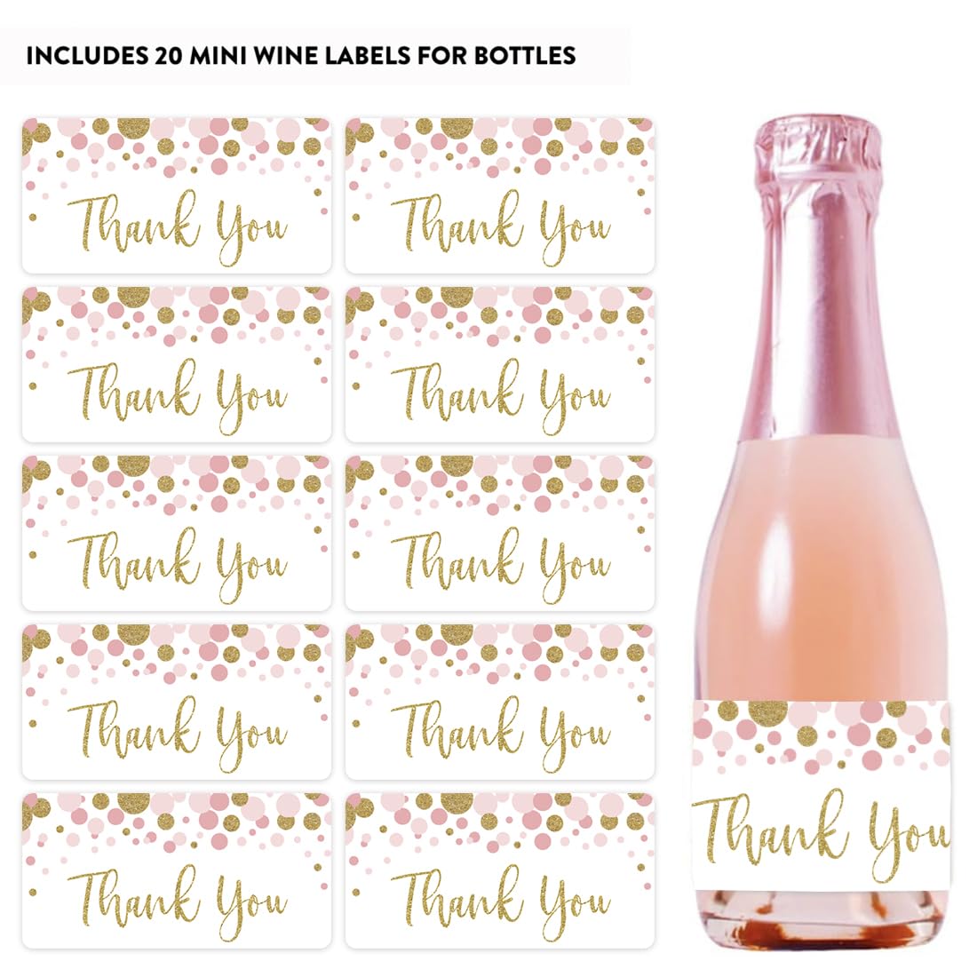 Andaz Press Mini Champagne Wine Bottle Labels - 20-Pack Pink Gold Glitter Confetti Thank You Stickers for Baby Shower, Bridal Shower, Wedding Favors & Party Decorations