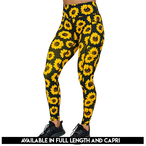 Sunflower Print High Waist Yoga Leggings for Women - Comfortable Workout Pants for Running, Gym & Lounge Wear