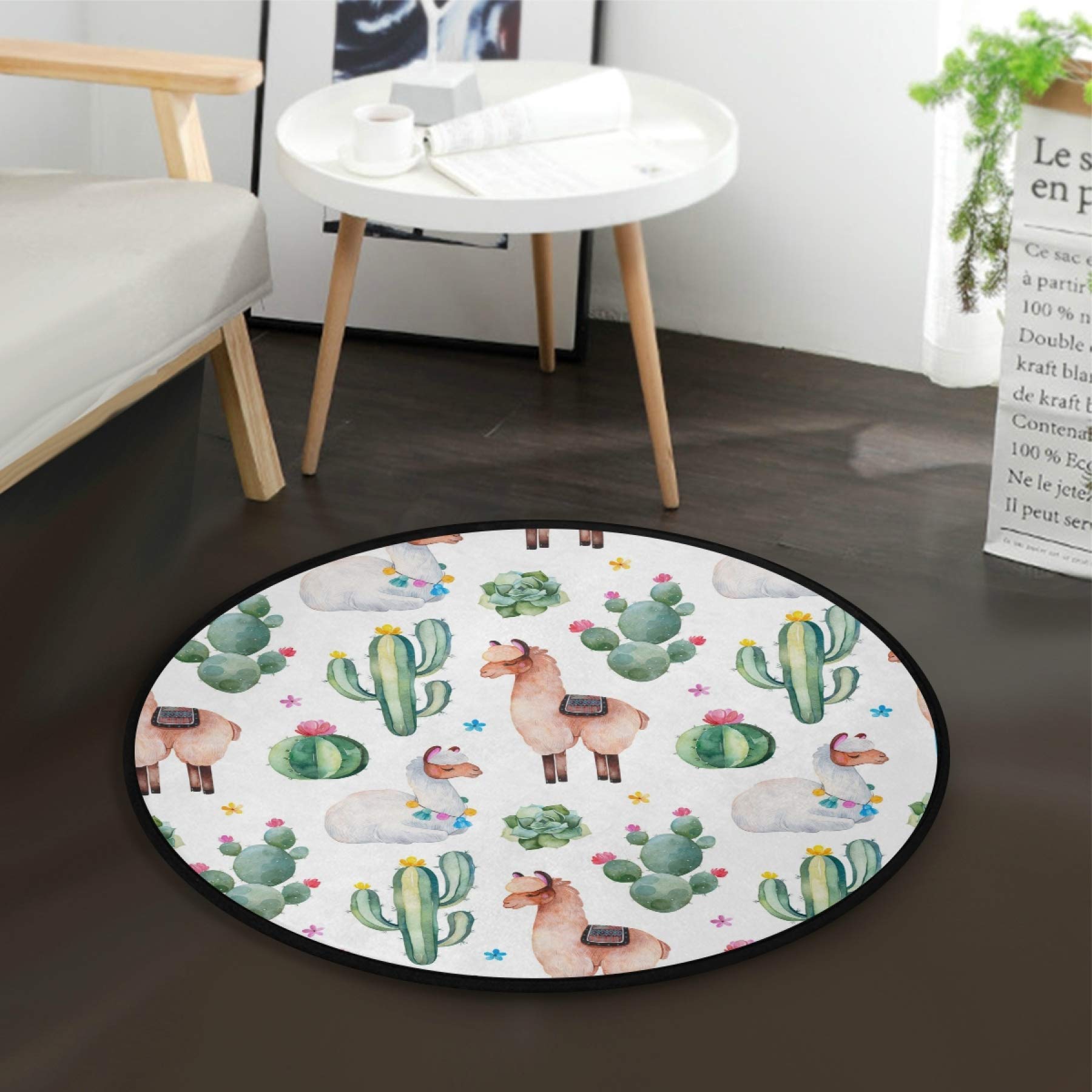Soft Cactus & Llama Print Round Area Rug - 3.6'x3.6' Non-Slip Circular Rug for Bedroom, Nursery, Living Room - Washable Boho Decor Rug for Kids Room & Dorm