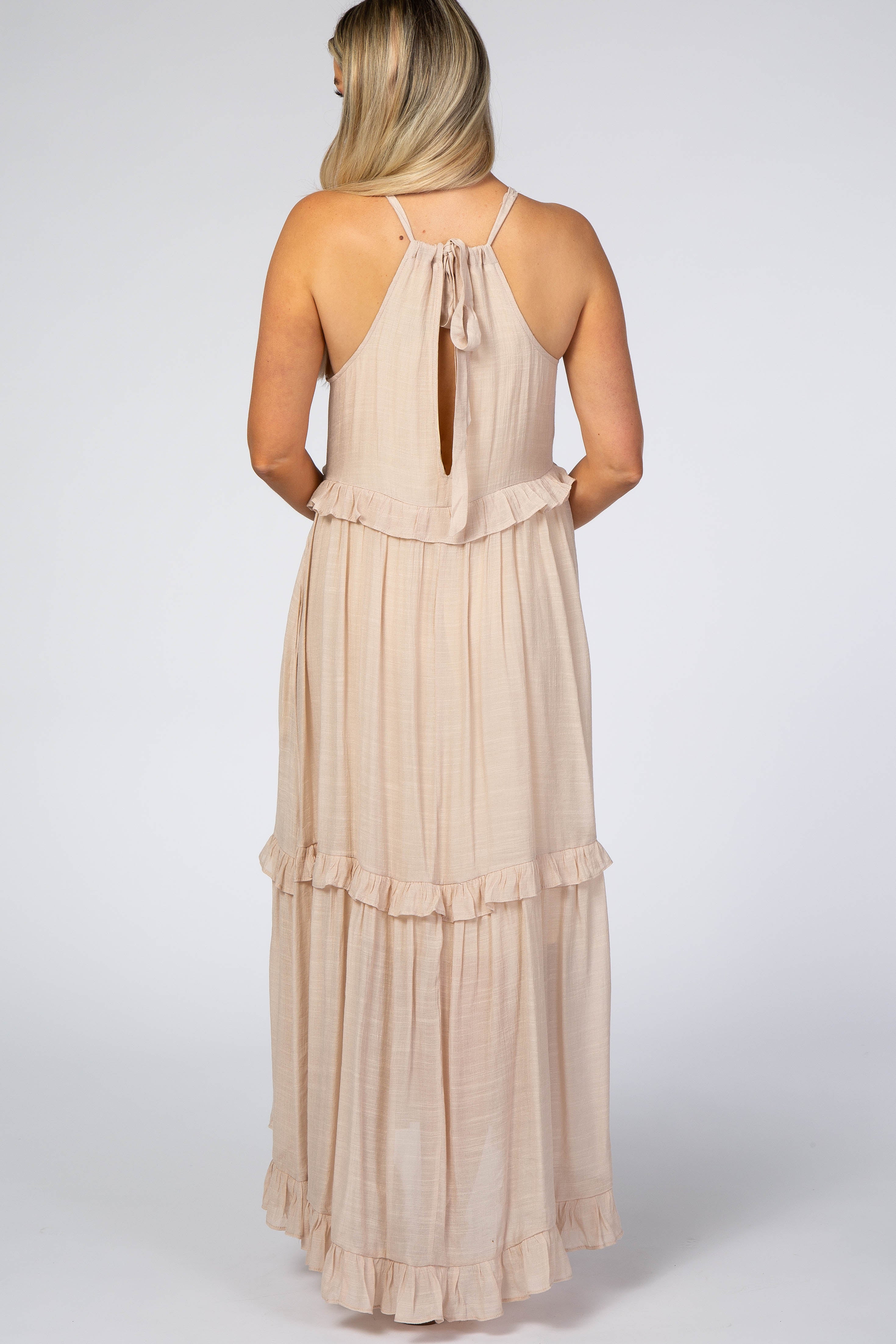 Beige Halter Neck Ruffle Trim Maternity Maxi Dress for Pregnancy - Comfortable Summer Maternity Dress for Beach, Vacation & Photoshoot