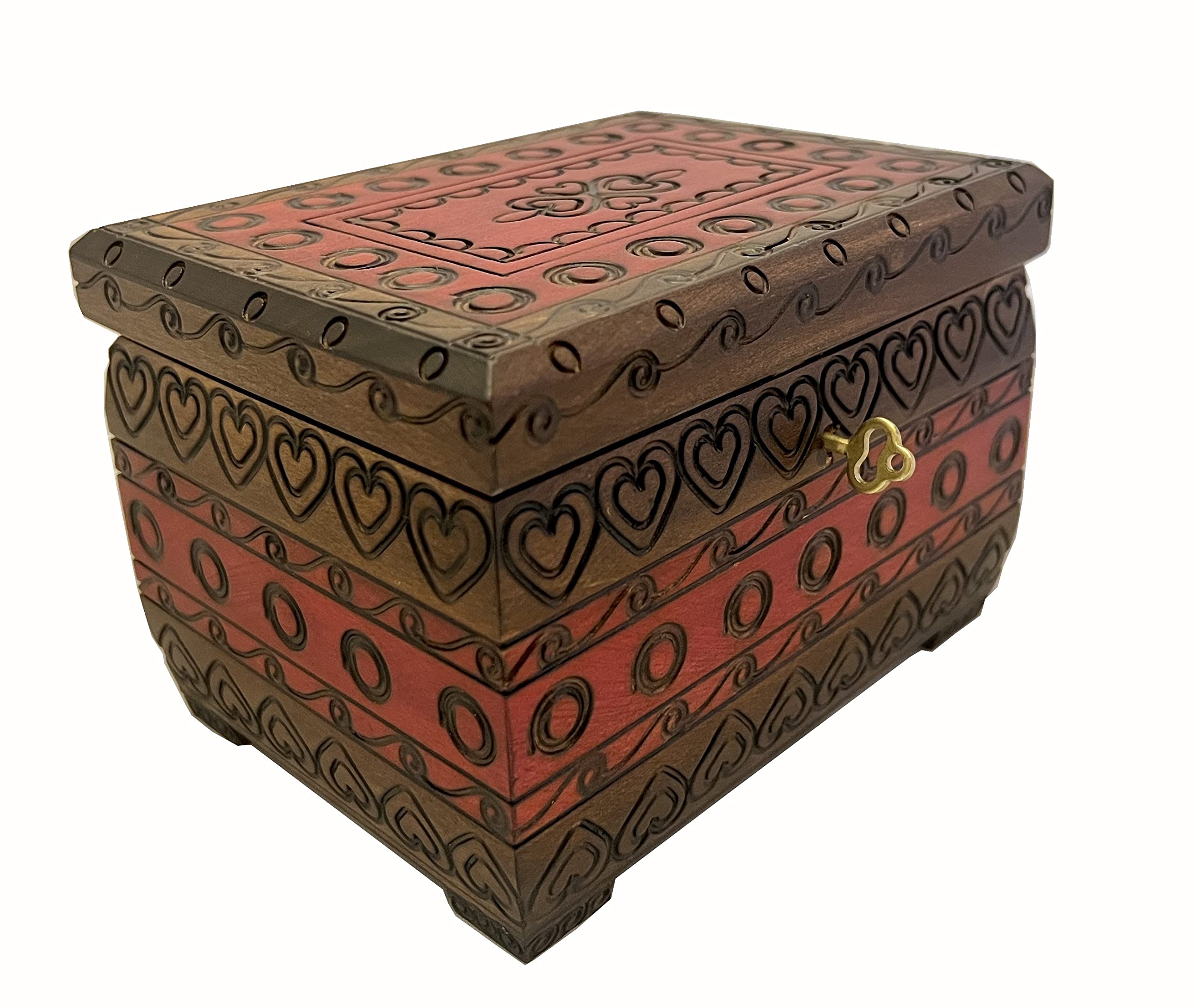 Handcrafted Red Heart Wooden Jewelry Box with Lock & Key - Romantic Linden Wood Keepsake Chest for Valentine's Gifts, Anniversary & Wedding Jewelry Storage