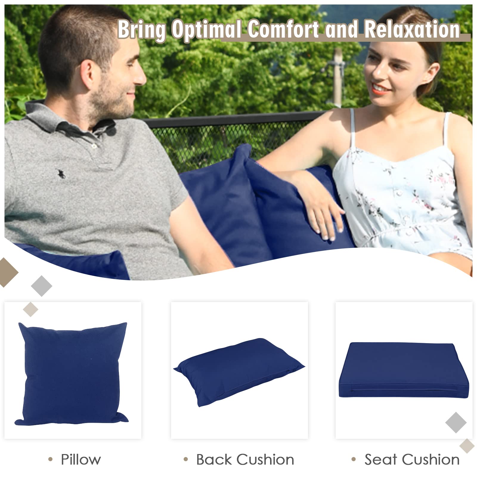 7-Piece Outdoor Patio Furniture Set - All-Weather PE Rattan Sectional Sofa with Cushions & Tempered Glass Coffee Table - Navy Blue Conversation Set for Backyard, Garden, Poolside or Deck Relaxation