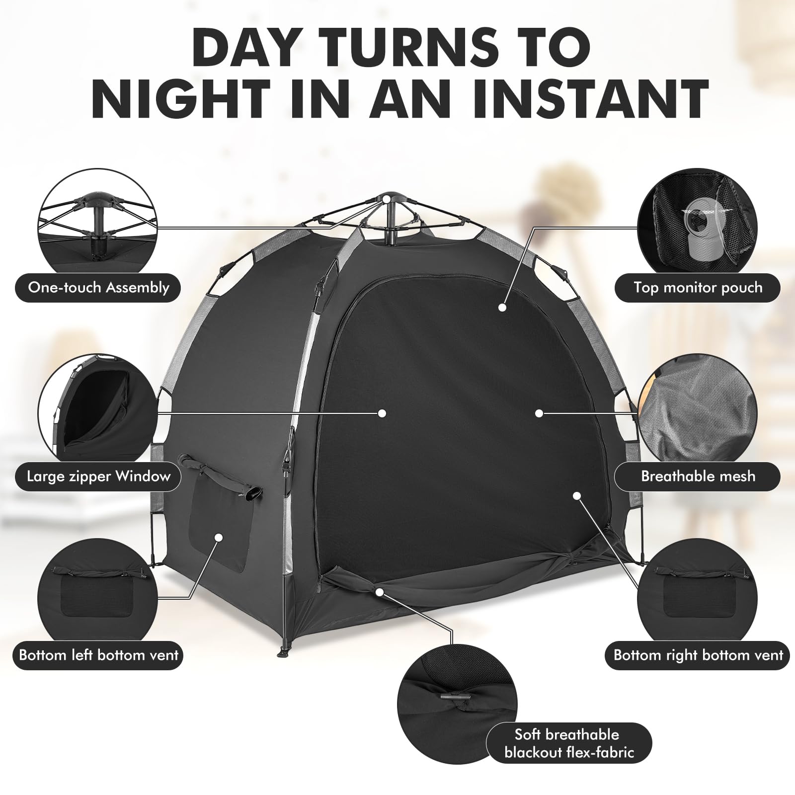 Blackout Baby Travel Crib Tent - ONE-Click Folding Portable Sleep Pod with Breathable Canopy, Blocks 95%+ Light | Perfect for Travel, Daycare & Nursery Naps
