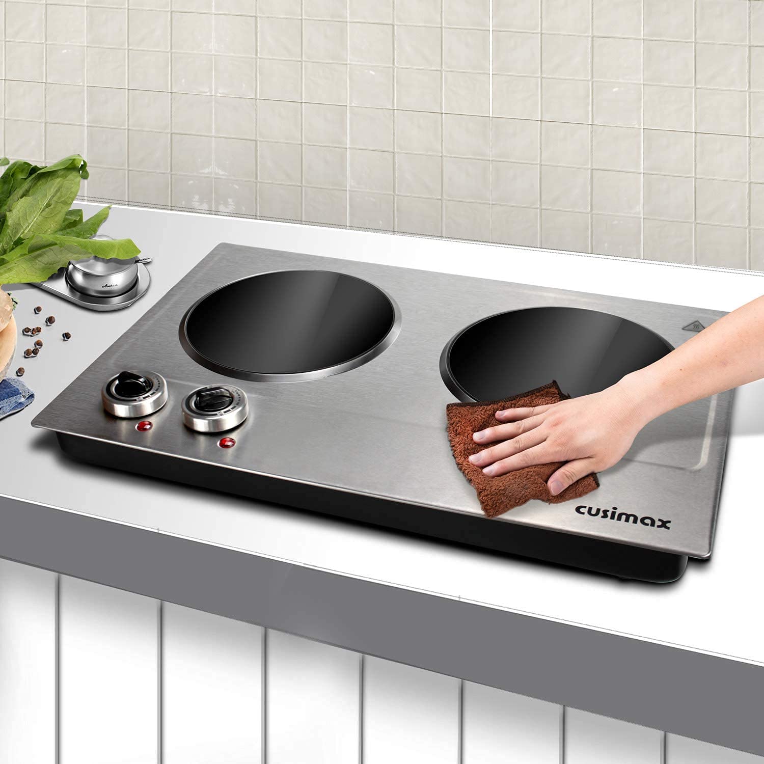 CUSIMAX 1800W Dual Control Infrared Ceramic Electric Hot Plate - Portable Countertop Burner with Glass Plate, Stainless Steel (Upgraded Version) - Perfect for Dorm Rooms, Camping & Small Kitchen Cooking