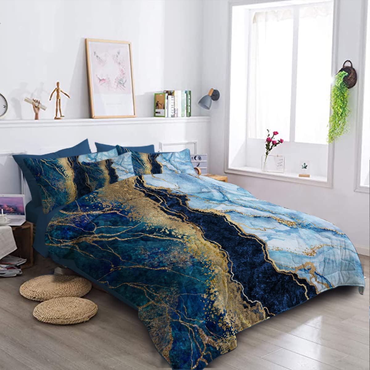 BlessLiving Luxury Queen Size Comforter Set - Navy Blue Gold Glitter 8-Piece Bedding Set with Ultra Soft Abstract Design, All-Season Durable Marble Print Bed in a Bag | Perfect for Modern Bedrooms, Guest Rooms & Dorm Decor